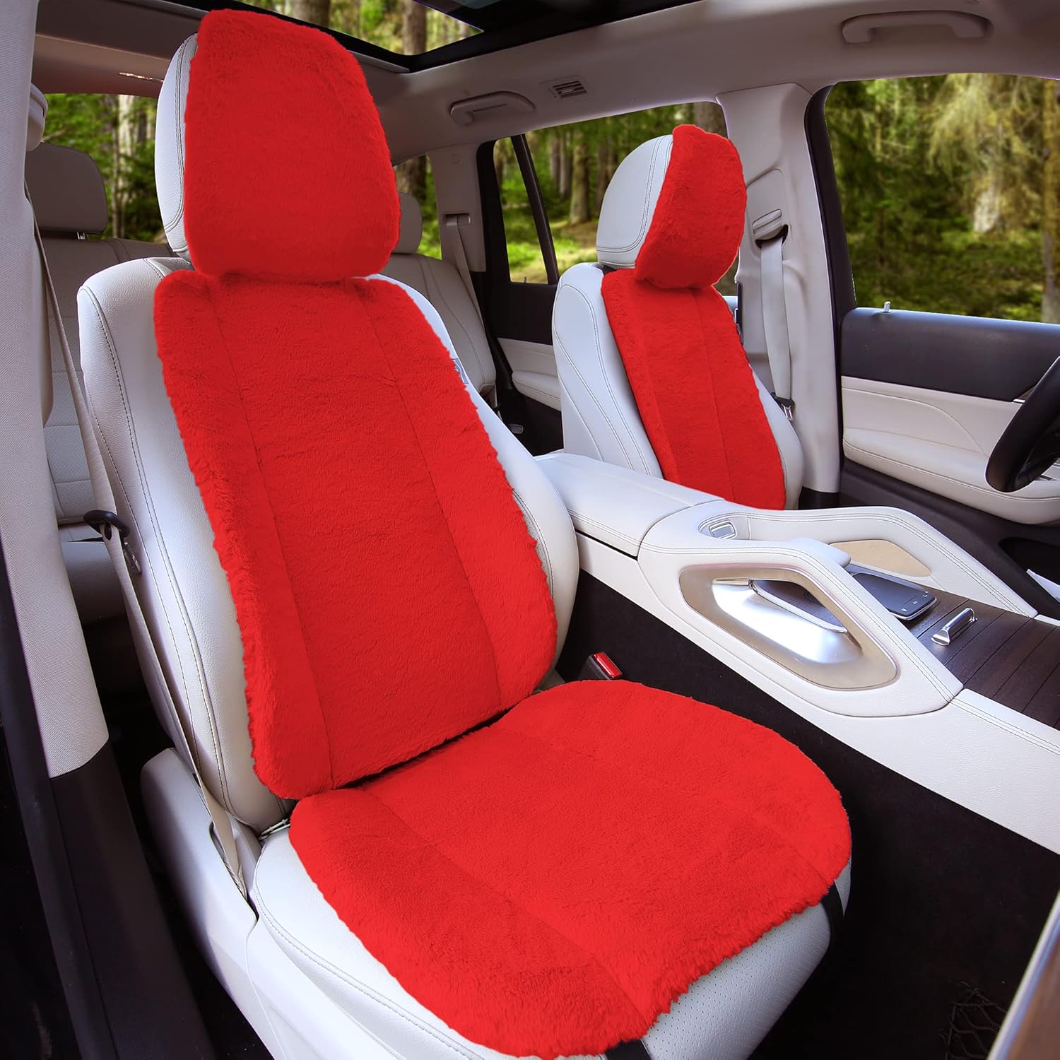 FH Group Fluffy Car Seat Covers Soft Faux Rabbit Fur Front Set Seat Cushions, for Most Cars, Trucks, SUVs or Vans (Red)