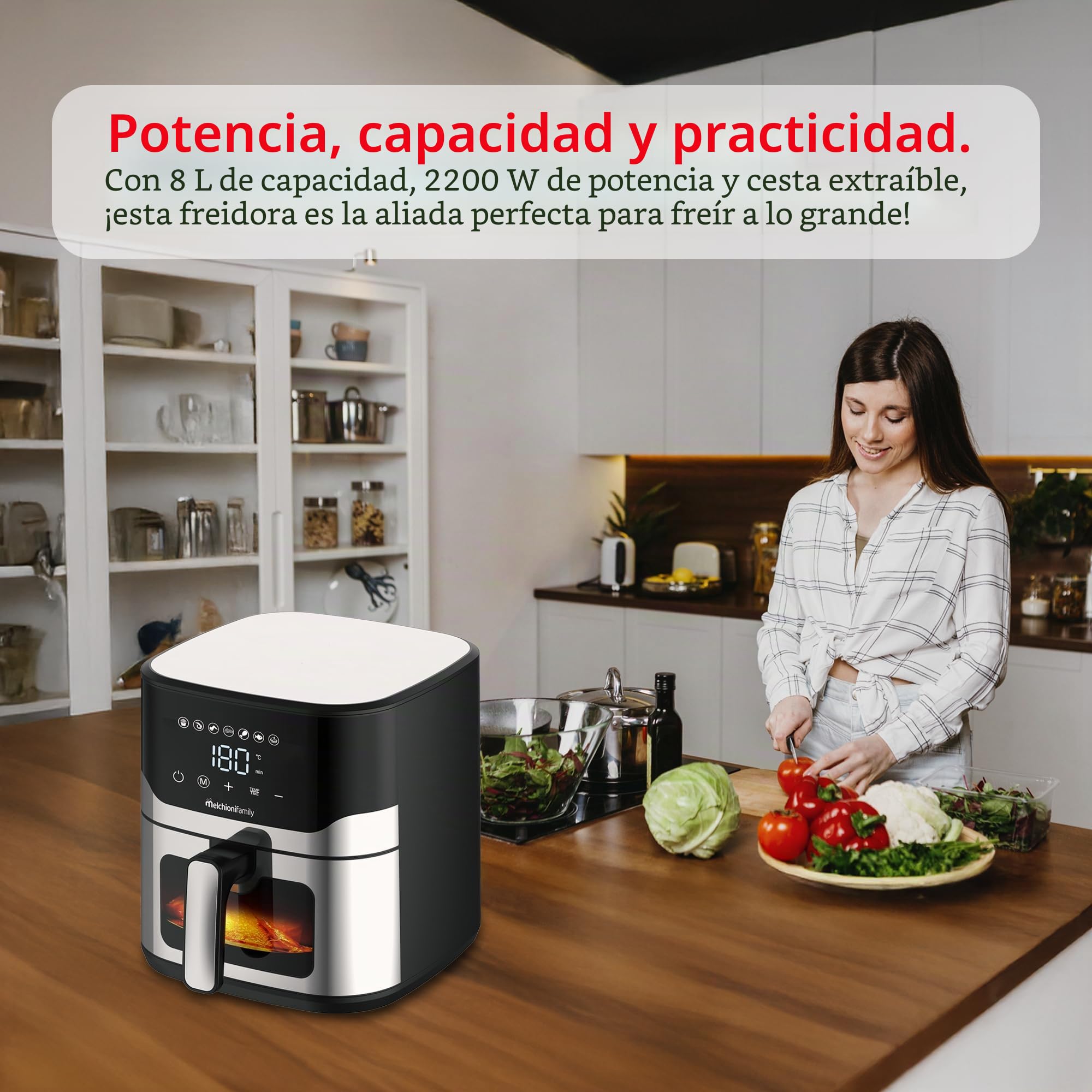 Melchioni Family Matilde Airfryer 8 l 2200 W de potencia, cesta extraíble con asa, trampa de grasa, temporizador 60 minutos, luz de cocción con -80% de grasa