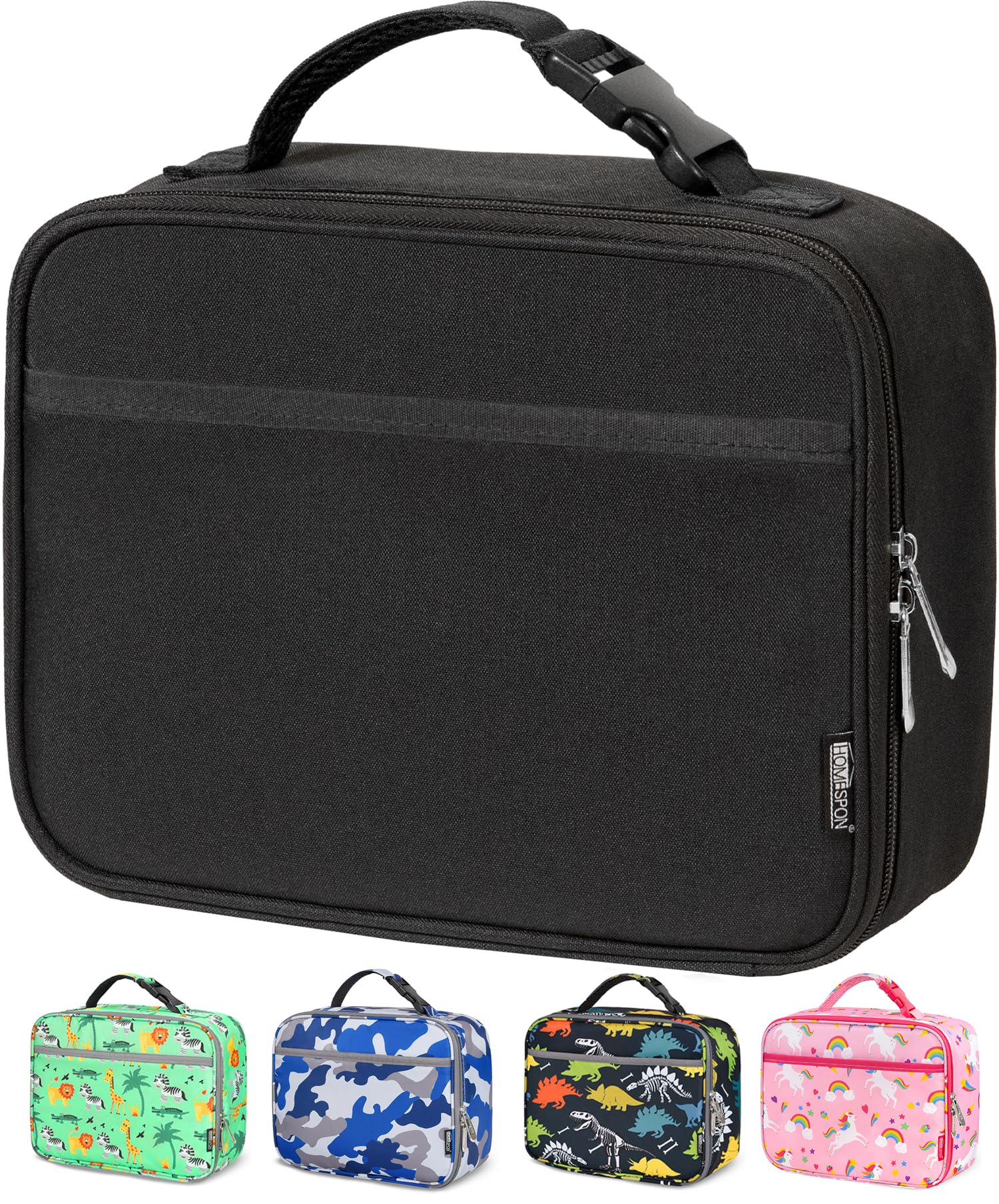 HOMESPONLunch Box for Kids Girls Boys Insulated Lunch Bag with Front Pocket Lunch Snack Holder for School Daycare Picnic(Black)
