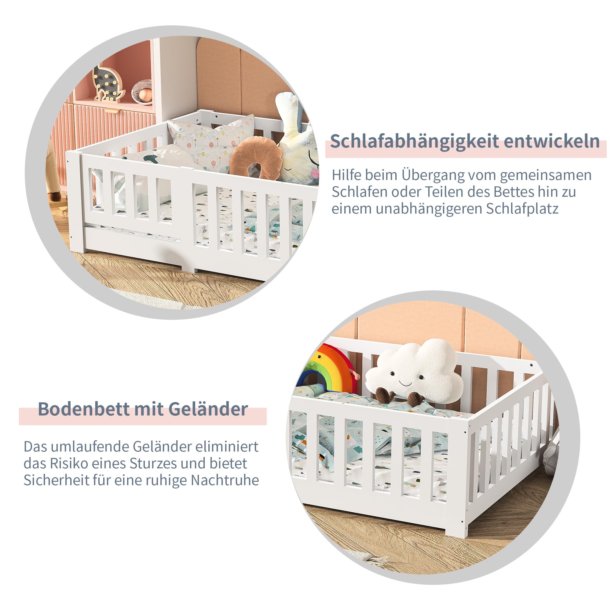 Lettino Montessori per bambini 90 x 200 cm con Protezione Anticaduta,Cama Suelo con Barandilla de Seguridad,Camas para Niños y Niñas,Telaio in Legno Massello di Pino,Bianco