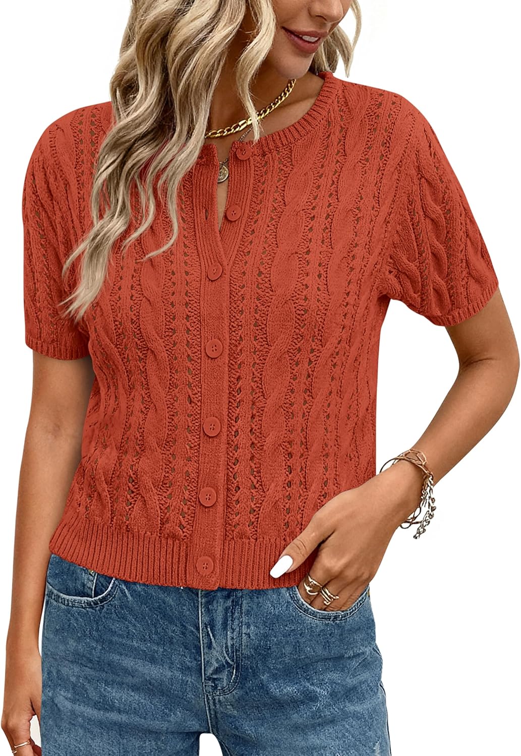 MASCOMODA Women Summer Cable Knit Crochet Cardigan Sweaters Casual Button Short Sleeve Sweater Cute Beach Hollow Out Knit Top