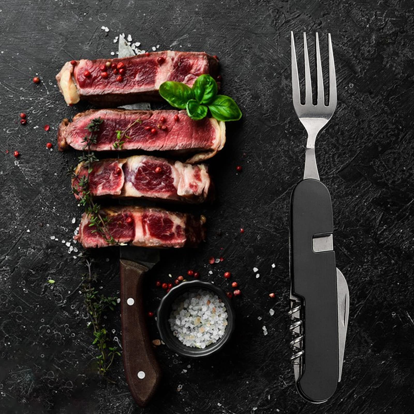 Set di 2 posate 6 in 1 per campeggio, posate pieghevoli in acciaio inox, stoviglie da campeggio, multifunzionali, portatili, per viaggi, esterni, pic-nic, sopravvivenza (nero)