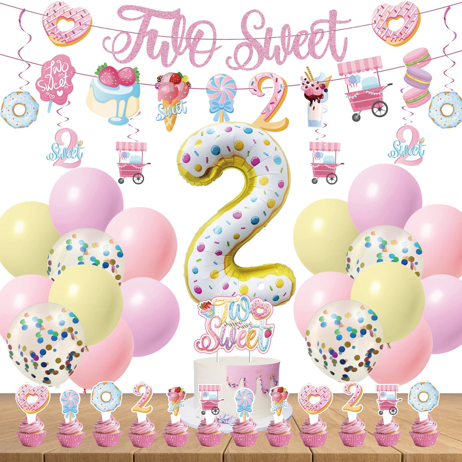 JUYRLE Two Sweet Birthday Decorations - 2nd Birthday Banner Donut Theme Party Kit for Two Years Old with Macaron Balloon G...