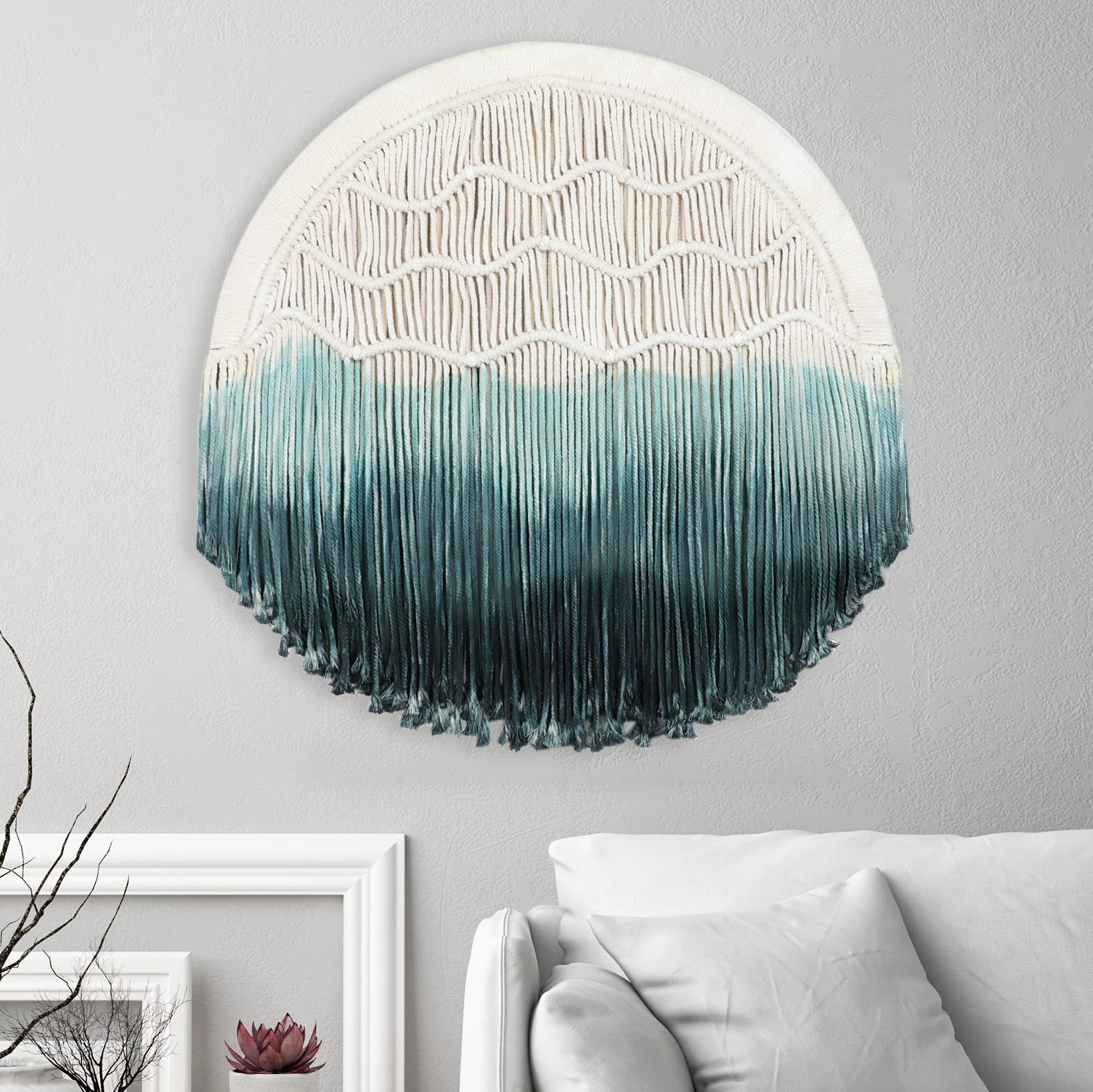 SEBKQ Macrame Wall Hanging Large Round Hand-woven Tapestry,Suitable for Boho Living Room,Bedroom Wall Decoration (Dark Green,23.6in)