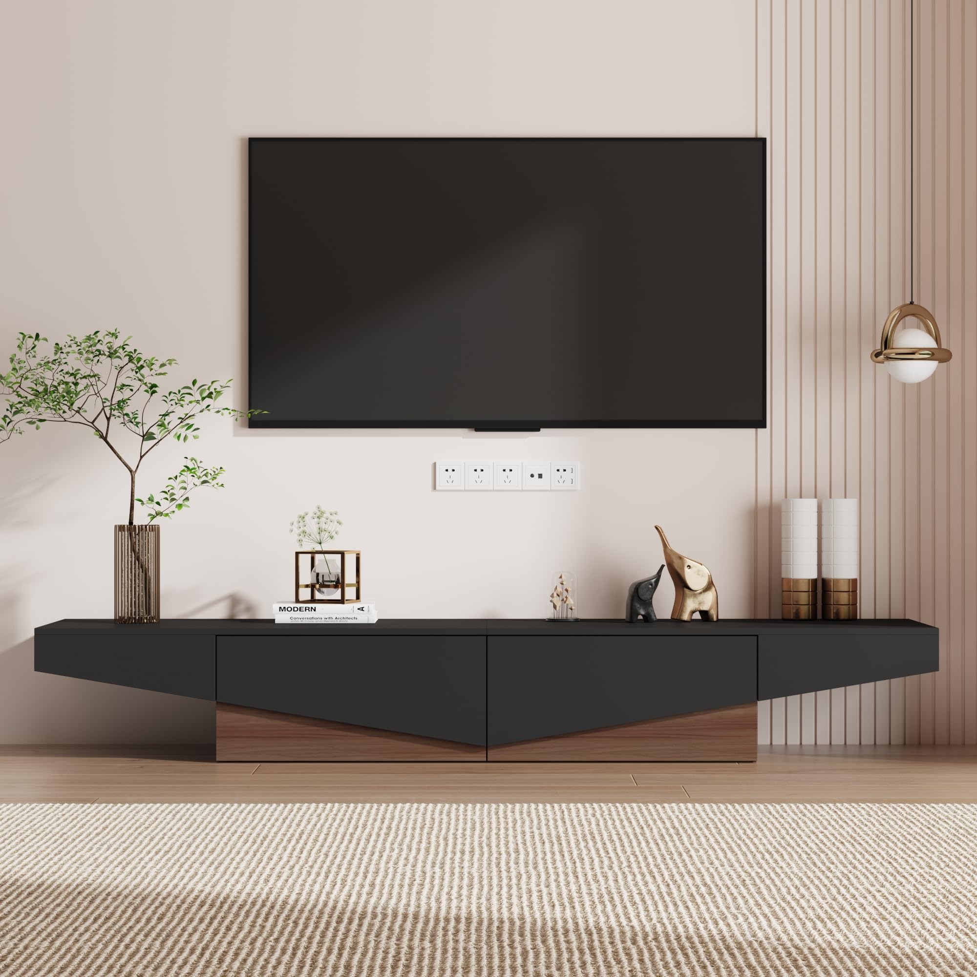 Caldion Modernes TV-Lowboard TV-Schrank mit 2 Schubladen Fernsehtisch mit Tischplatte Fernsehschrank TV-Ständer für Wohnzimmer Schlafzimmer MDF Braun und schwarz 200x40x30cm