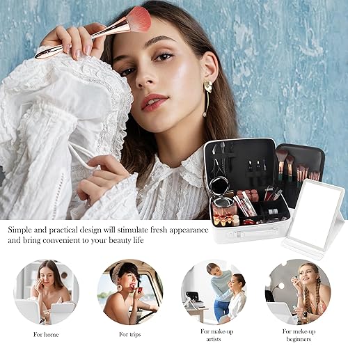 Miniatura 6 de Bolsa de maquillaje de viaje con espejo iluminado, organizador de cosméticos portátil, estuche de tren con divisores ajustables y soporte para