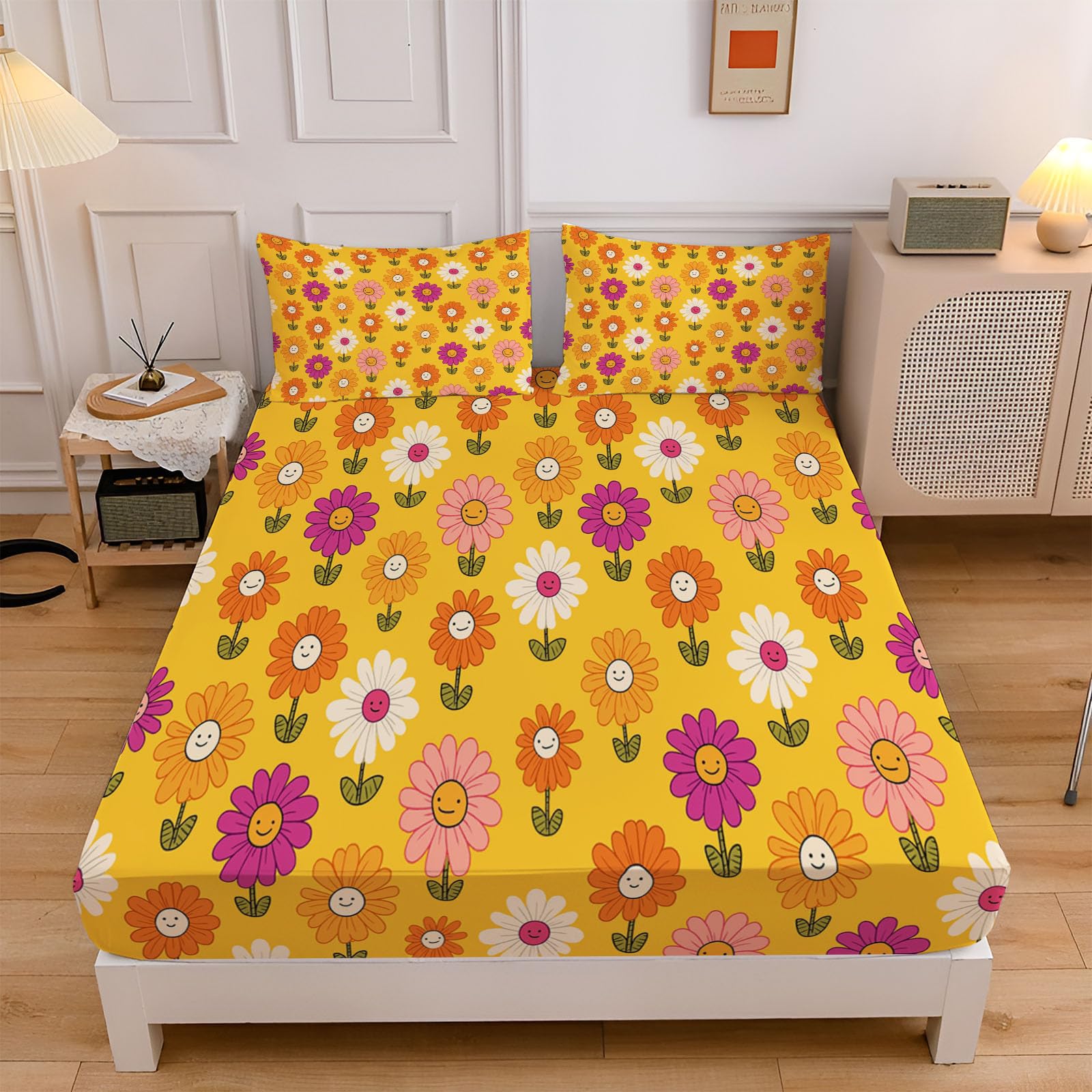 Sábanas 200X190/200Cm - Juego De Sábanas 3 Piezas Estampadas Flores Dibujos Animados - Microfibra Suave Transpirable - Sábana Bajera Ajustable - Ropa De Cama Plantas Interesantes (Naranja Cítrica)