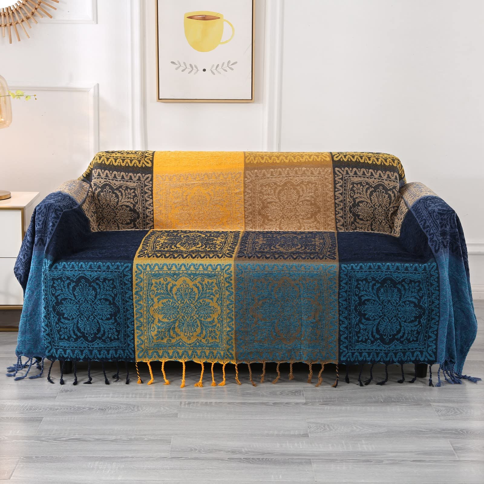 DECMAY Chenille Jacquard Boho Throw Blanket with Tassels, Throw for 2 3 4 Seater Sofa, Tartan Blankets and Throws for Bedspreads Armchairs Furniture Bed Throw (Blue Yellow, 220 x 260 cm)