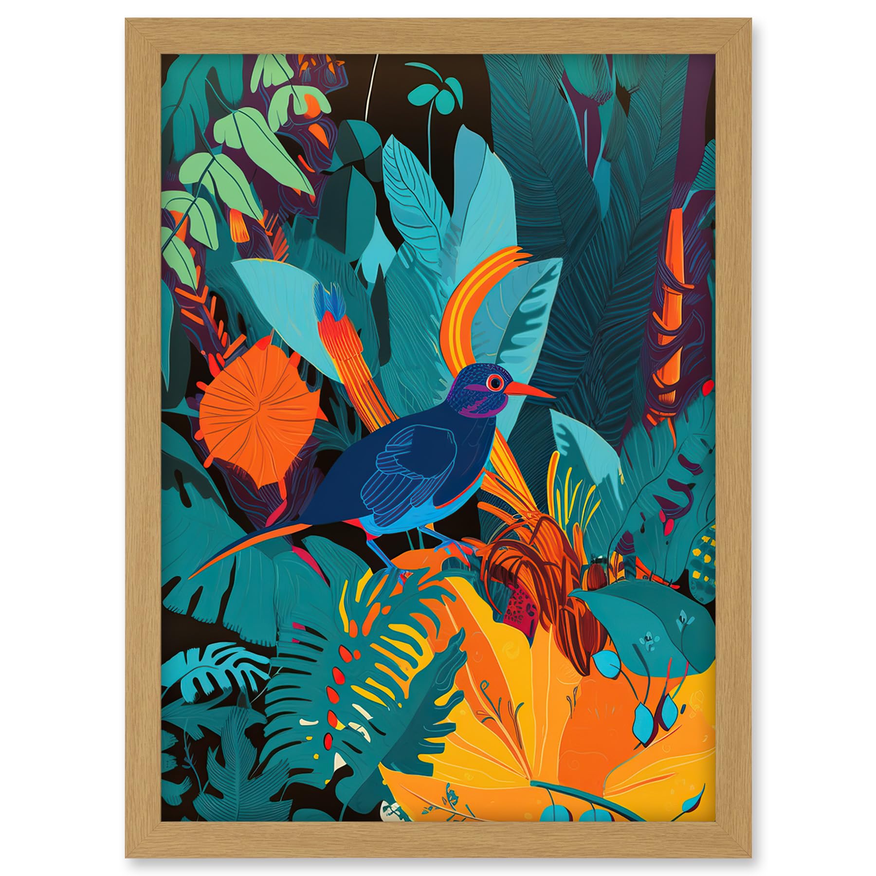 Artery8 Bird in Tropical Forest Vibrant Illustration Artwork Framed A3 Wall Art Print