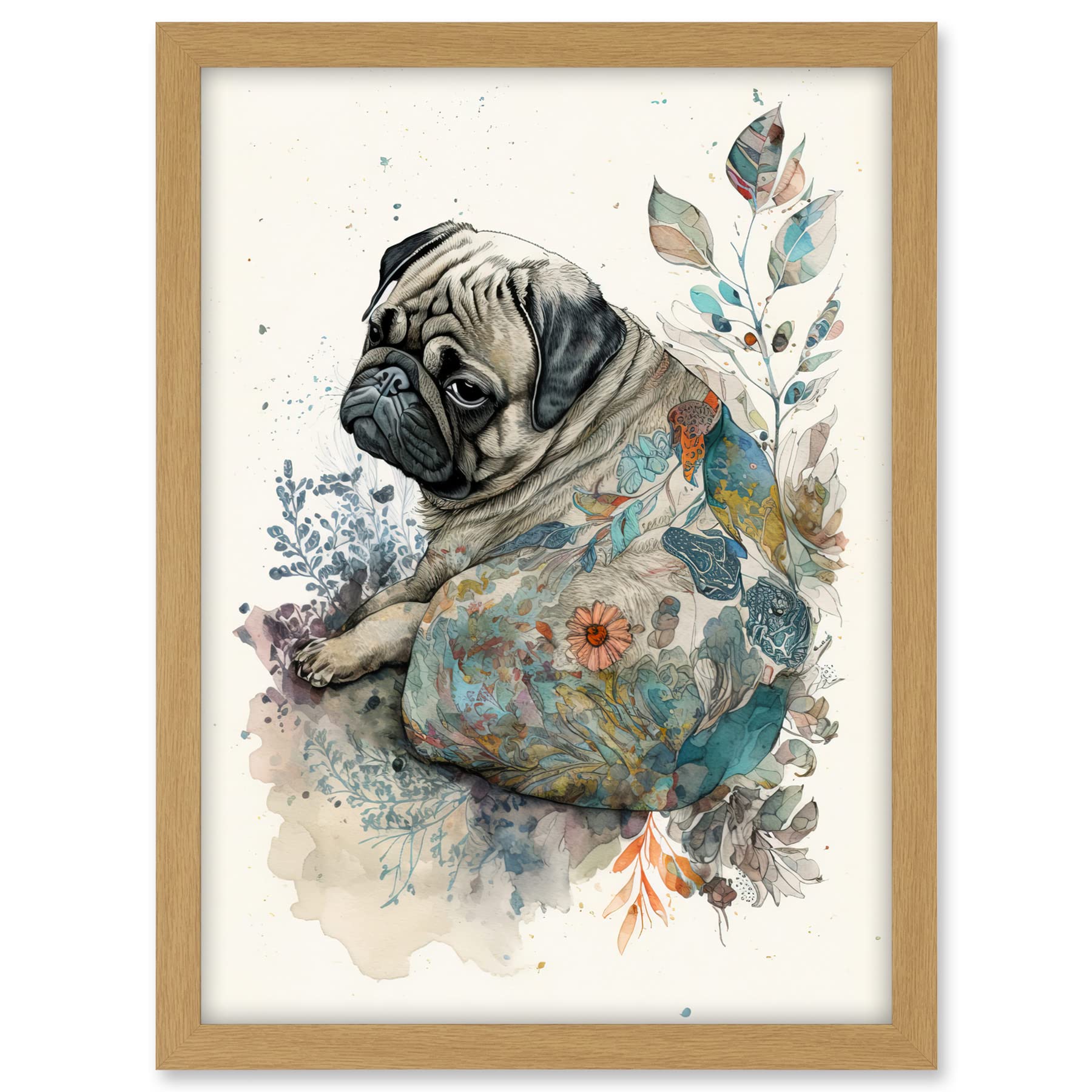 Artery8 Pug Dog with Floral Pattern Modern Multicoloured Watercolour Illustration Artwork Framed A3 Wall Art Print
