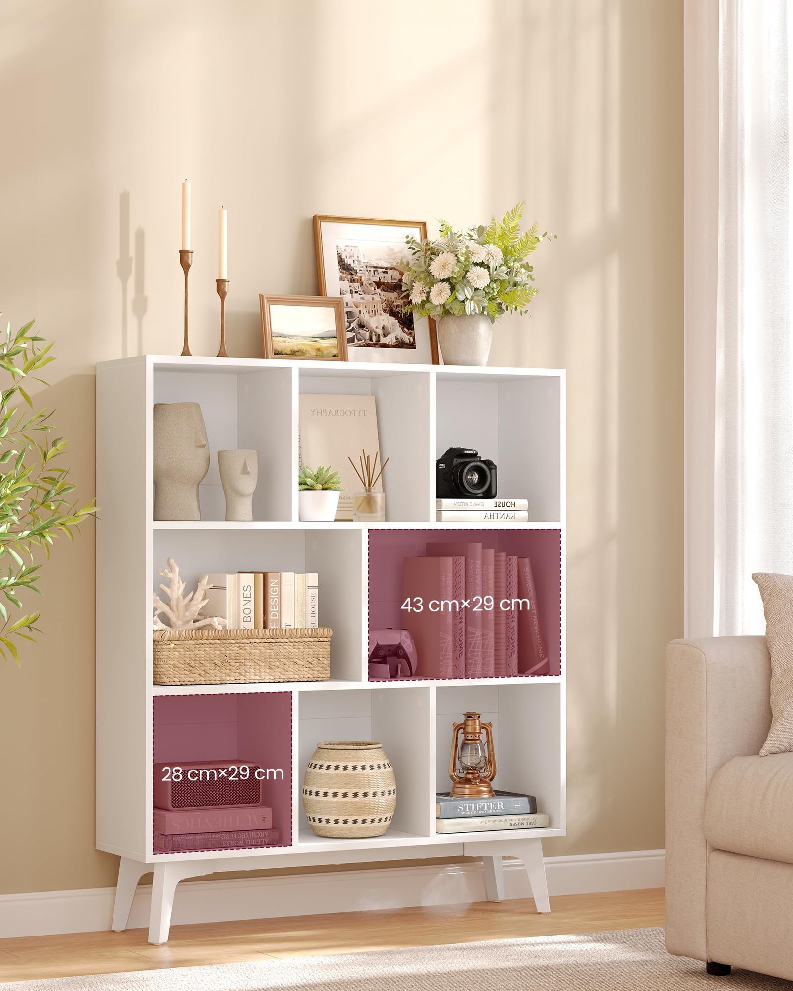 VASAGLE MAEZO kolekcja regał na książki, regał na książki, regał na kostki z 8 przegródkami, organizer do salonu, gabinetu, jadalni, 24 x 90 x 107 cm, biała chmurka LBC191WB01