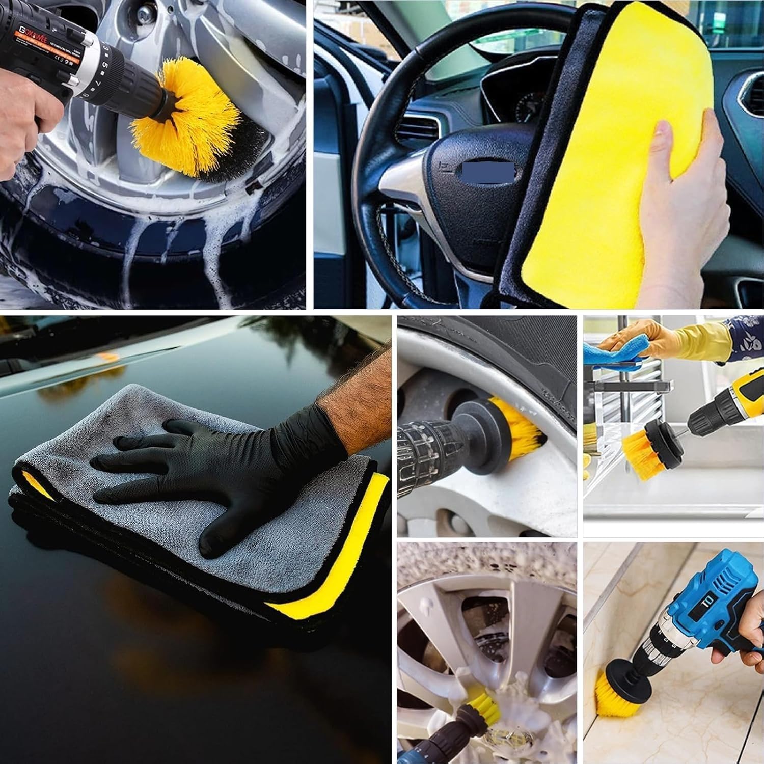 13PCS Brosse Nettoyage Perceuse, Nettoyage Voiture Brosse Visseuse avec 2 Brosses Joint Carrelage, Brosses de Nettoyage Électrique pour Voiture Jantes Carrelage Tapis Cuisine Toilettes