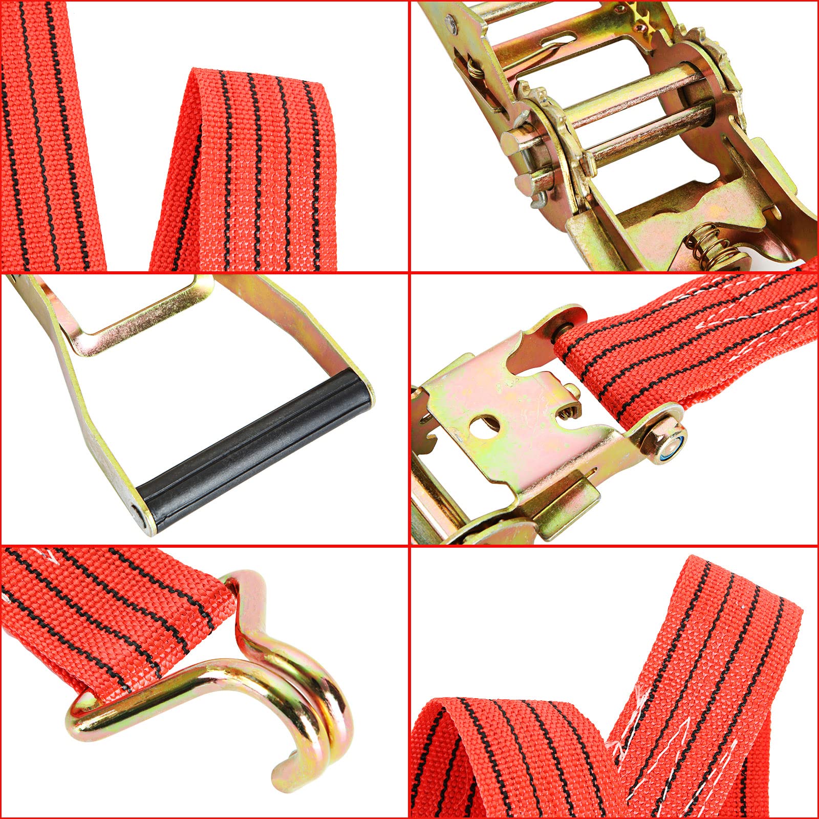 Confezione da 4 cinghie a cricchetto resistenti, 5,1 cm, 5,8 m, con doppio gancio a J, resistenza alla rottura di 1995,8 kg, cinghie a cricchetto per spostare e fissare attrezzature da prato e moto