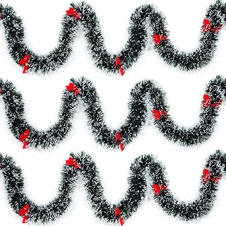 3Pcs x 8.2ft (Total:24.6ft) Christmas Tinsel Garlands with 24 Pcs Red Bows for Indoor and Outdoor Holiday Mardi Gras Xmas and Other Festivities Party Supply (Gray)