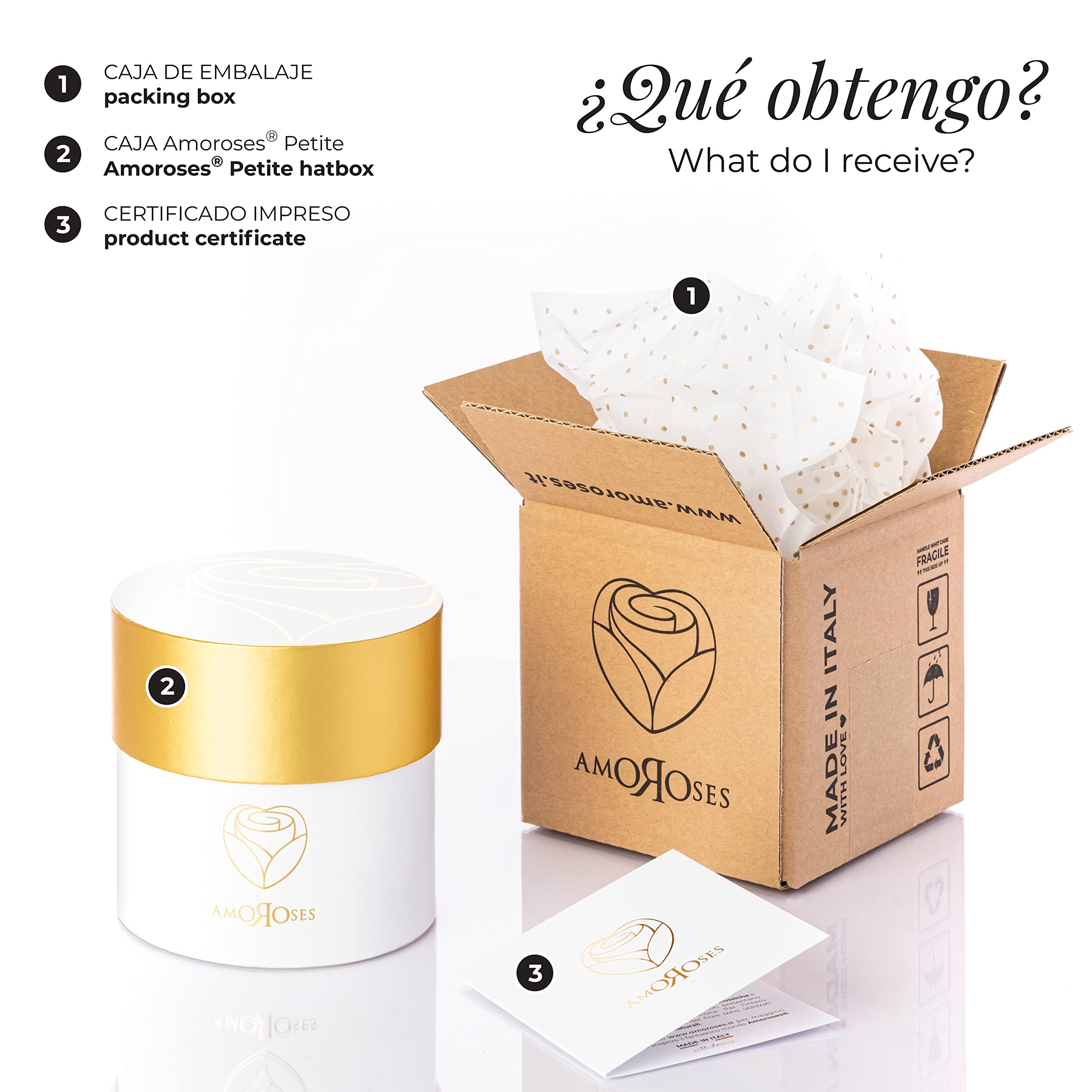 Amoroses Petite - Caja de Regalo 5 Rosas Eternas Estabilizadas - Elegante Ramo de Flores Reales | Idea de regalo (Petite Caja Blanca con Rosas Rojas)