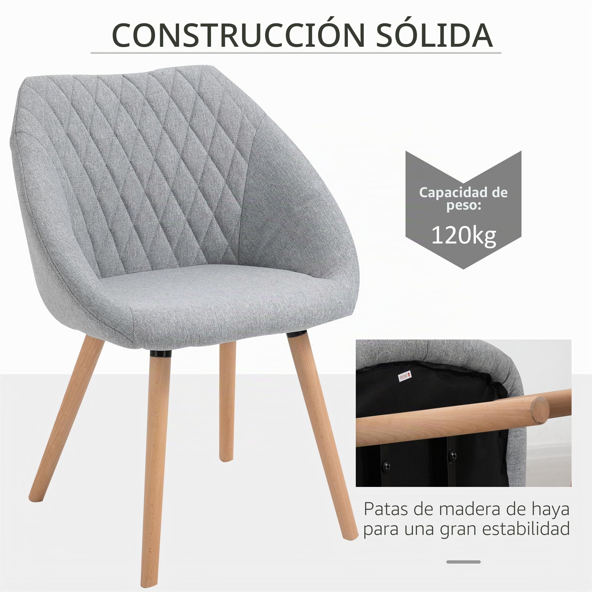 HOMCOM Sillas de Comedor diseño escandinavo Set de 2 Lino Gris | Patas de madera de haya cónicas, asiento/respaldo/brazos ergonómicos.