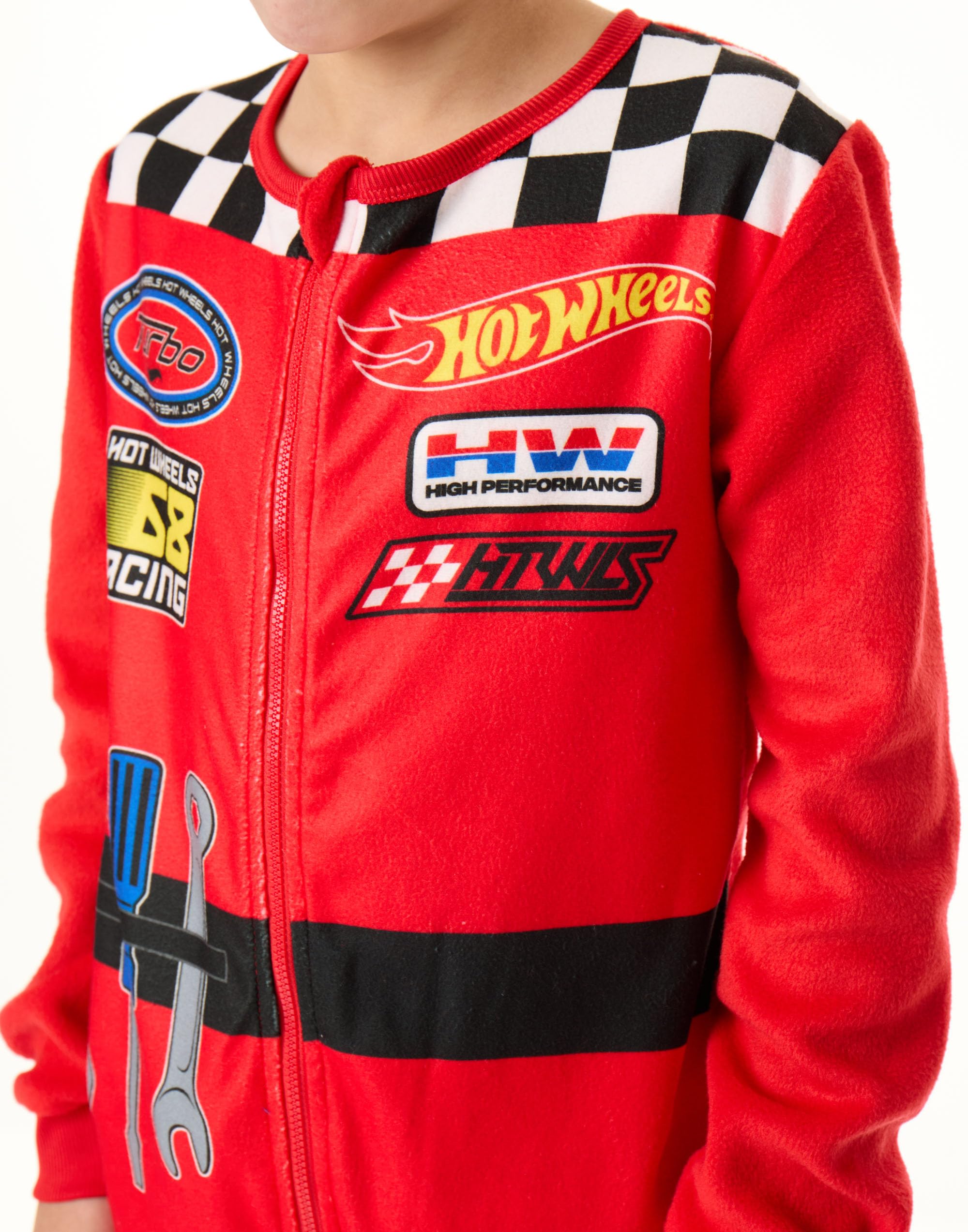 Hot Wheels Combinaison pour Garçons | Pyjama Tout-en-Un pour Enfants en Rouge | Combinaison de Nuit en Fleece avec Fermeture Éclair, Flammes de Course, Outils et Motif à Carreaux