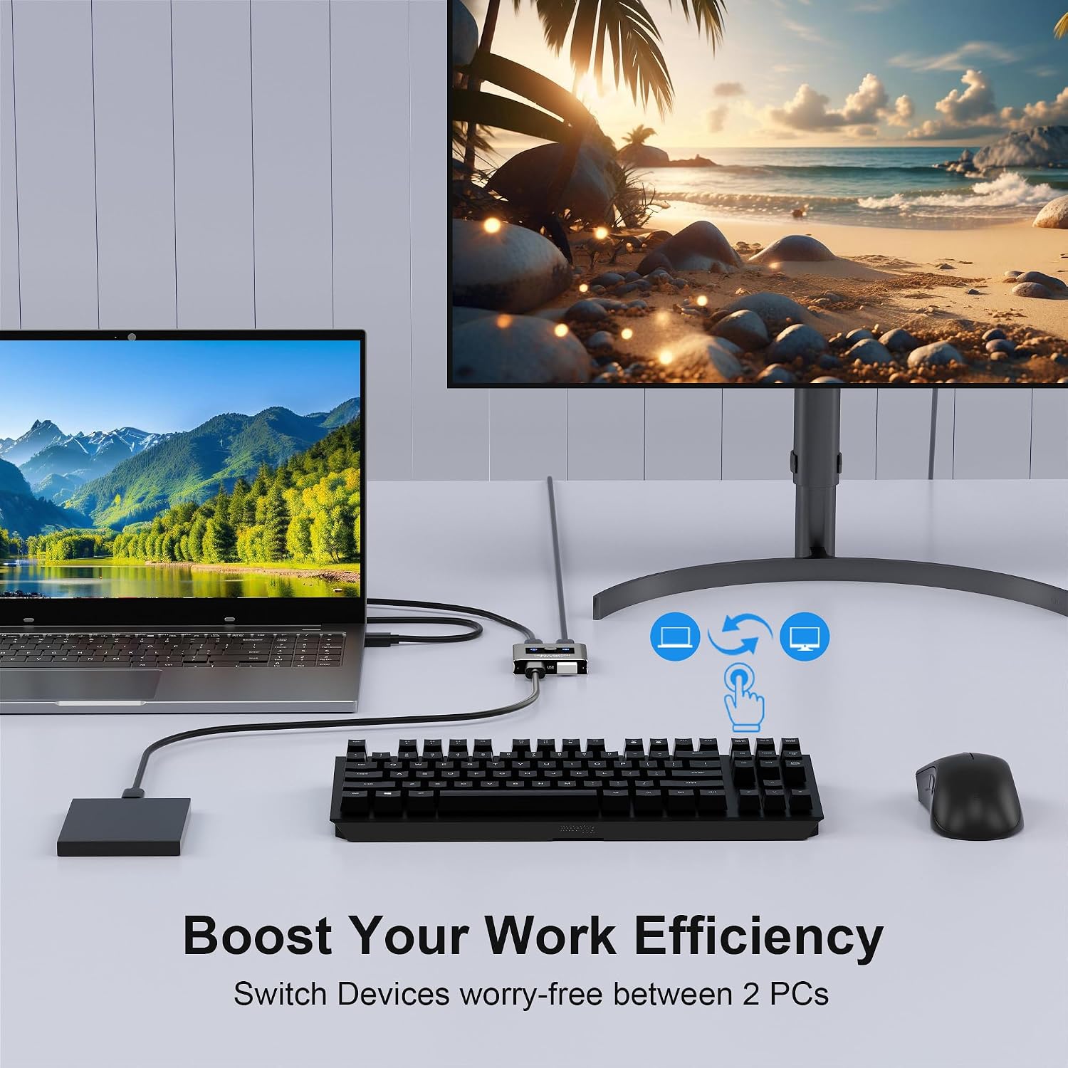 USB 3.0 Switch 2 in 2 Out, USB Switcher for 2 Computers, Share Keyboard, Mouse, Printer, Scanner, KVM Switch Selector, Compatible with Windows, Mac, Linux, Includes 2 USB-A 3.0 Cables