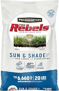 Pennington The Rebels Sun and Shade Grass Seed Mix, 20 Pounds | Grass Seed Fescue, Partial Shade to Full Sun, Perennial Ryegrass, Kentucky Bluegrass, 8-21 Days, Overseeding Seed