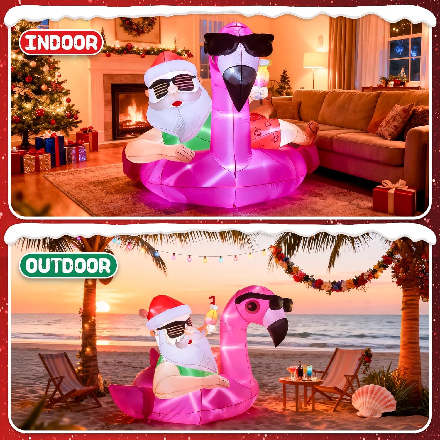 9 FT Hawaiian Santa on Flamingo Pool Float Christmas Inflatable Outdoor Decoration, Christmas Blow Up Santa Claus Yard Decorations with Build-in 12 Led Lights for Garden Lawn Xmas Party Decor - Image 5