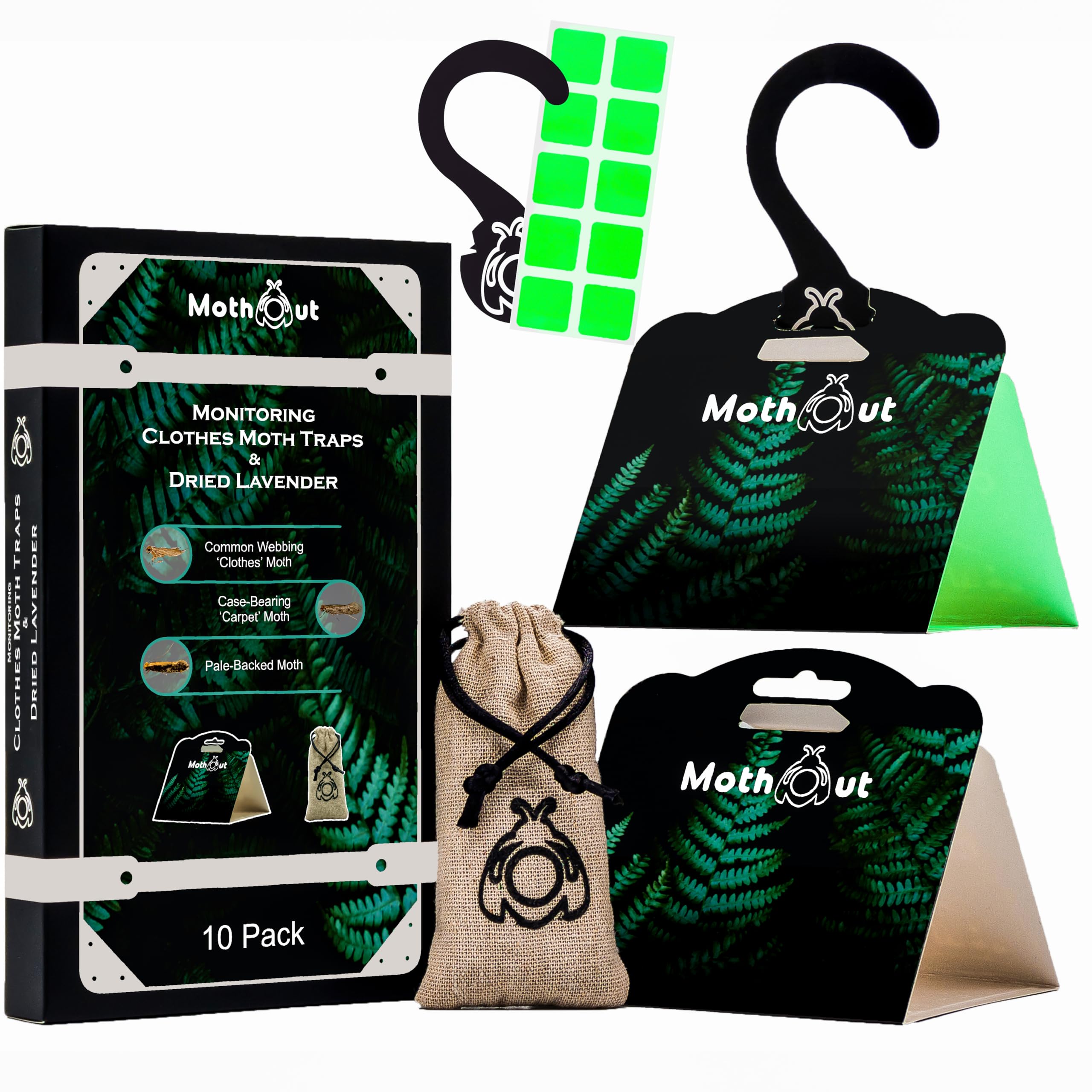 10 Pheromone Clothes Moth Traps, Carpet Moth Trap + Dried Lavender + 10 Glowing Pads + eBook with Moth Repellent & Wardrobe Protection Techniques, Cloth Moths Trap, Anti Moth Monitor Treatment