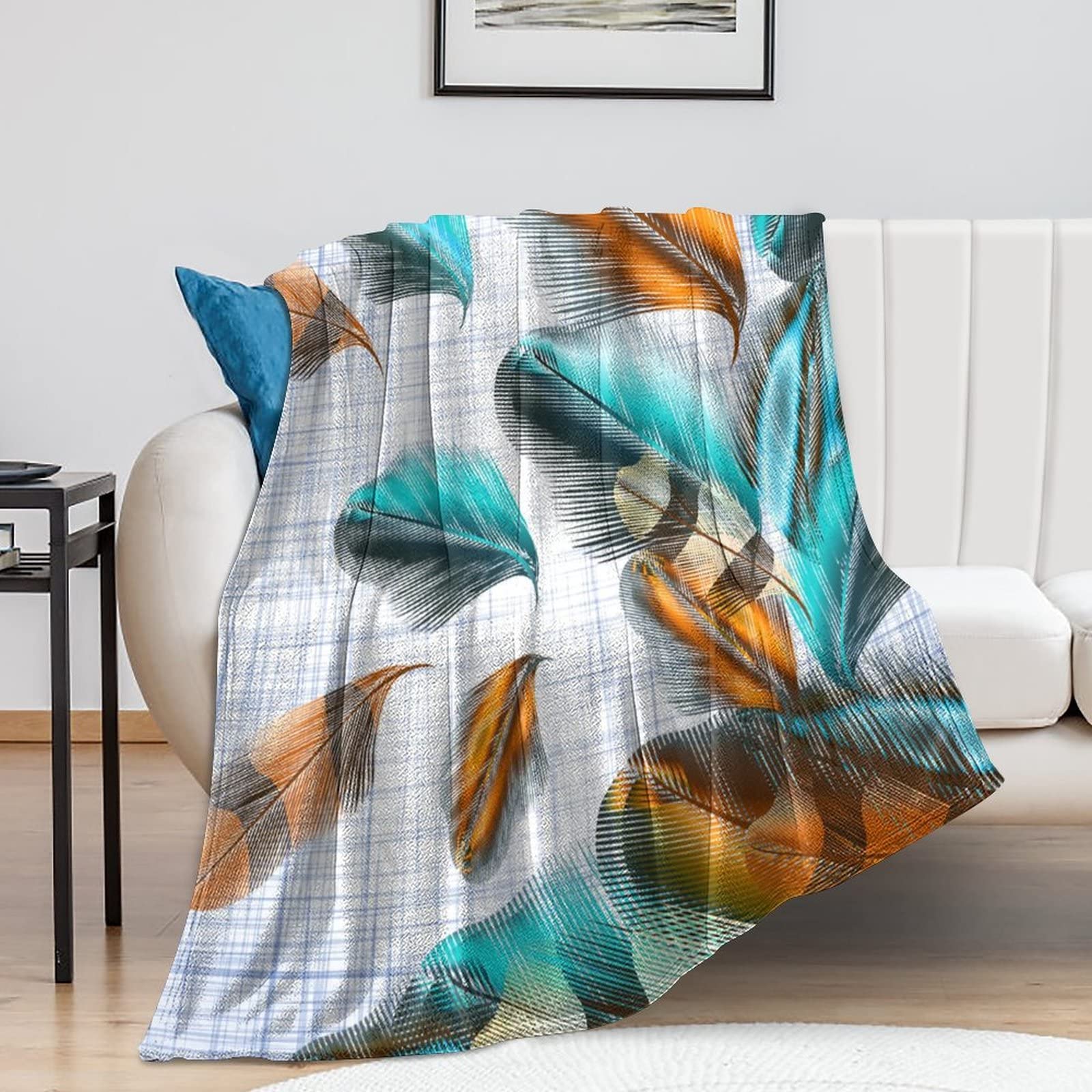 Couverture en peluche motif paon 127x152 cm plaid chaud et antistatique