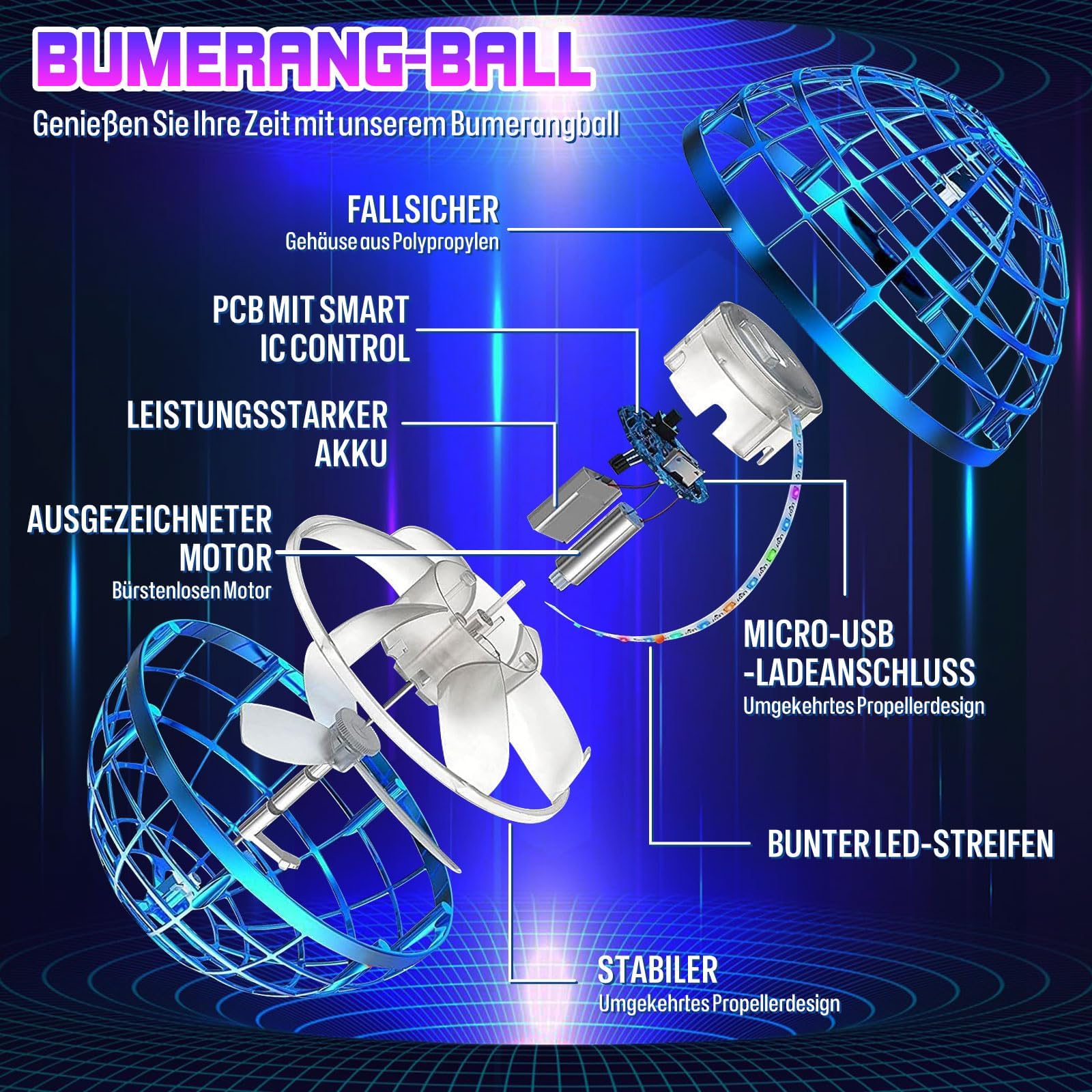 Amplelife Fliegender Ball Pro - 2024 Flying Hover Ball Toys FüR Kinder Jungen Mädchen, Mini Drone Schwebender Boomerang Orb Spielzeug, Halloween Weihnachten Geburtstag Coole Geschenkidee (Blau)