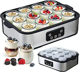MACTANO Máquina de iogurte com controle de temperatura, máquina automática de iogurte, incubadora de probióticos com tempo ajustável de 36 horas – 12 frascos de vidro