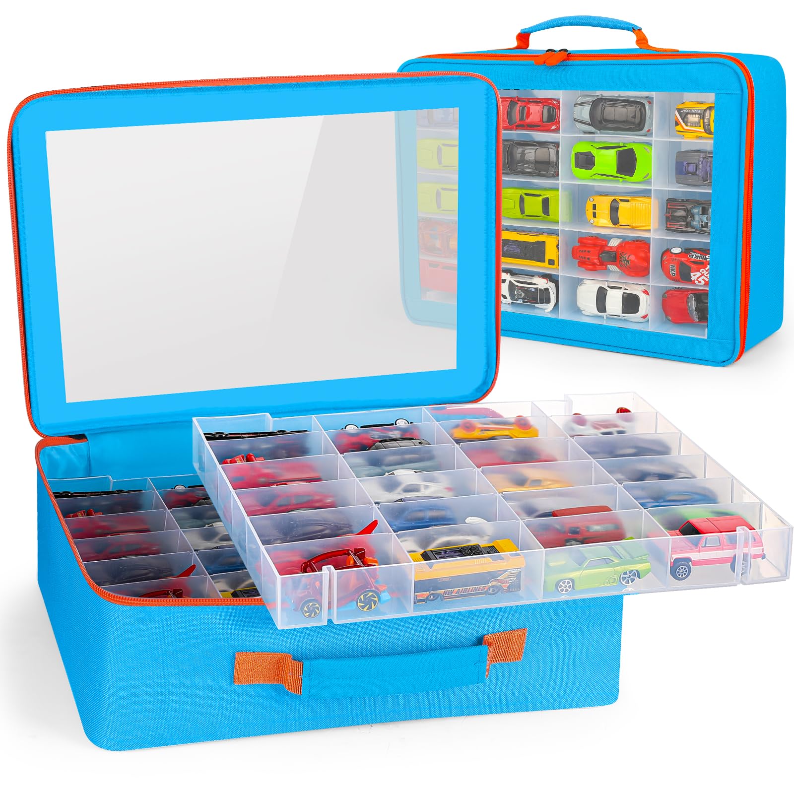 Toy Organizer.72 Compartments.Toy Storage Box Compatible With Hot wheels Cars, Matchbox Cars,Mini Toys and Small Dolls.Toy Storage Display Case With 3 Layers of Removable Trays(Blue)