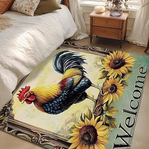 2.7x5 Area Rugs, Retro Rooster Non-Skid Rubber Backing Large Rectangle Rugs - Living Room Bedroom Home Office, Sunflower Watercolor Animals Indoor