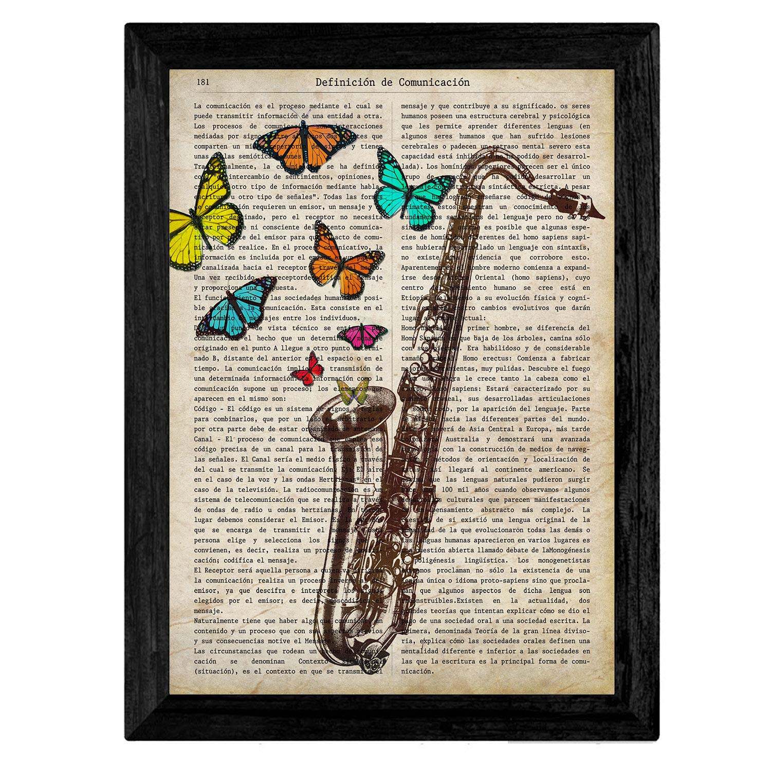 Nacnic Set di 4 stampe artistiche vintage con rappresentazione di strumenti musicali. (pianoforte - EMOZIONI, arpa - MUSICA, sassofono sax - COMUNICAZIONE, violoncello - PIACERE)