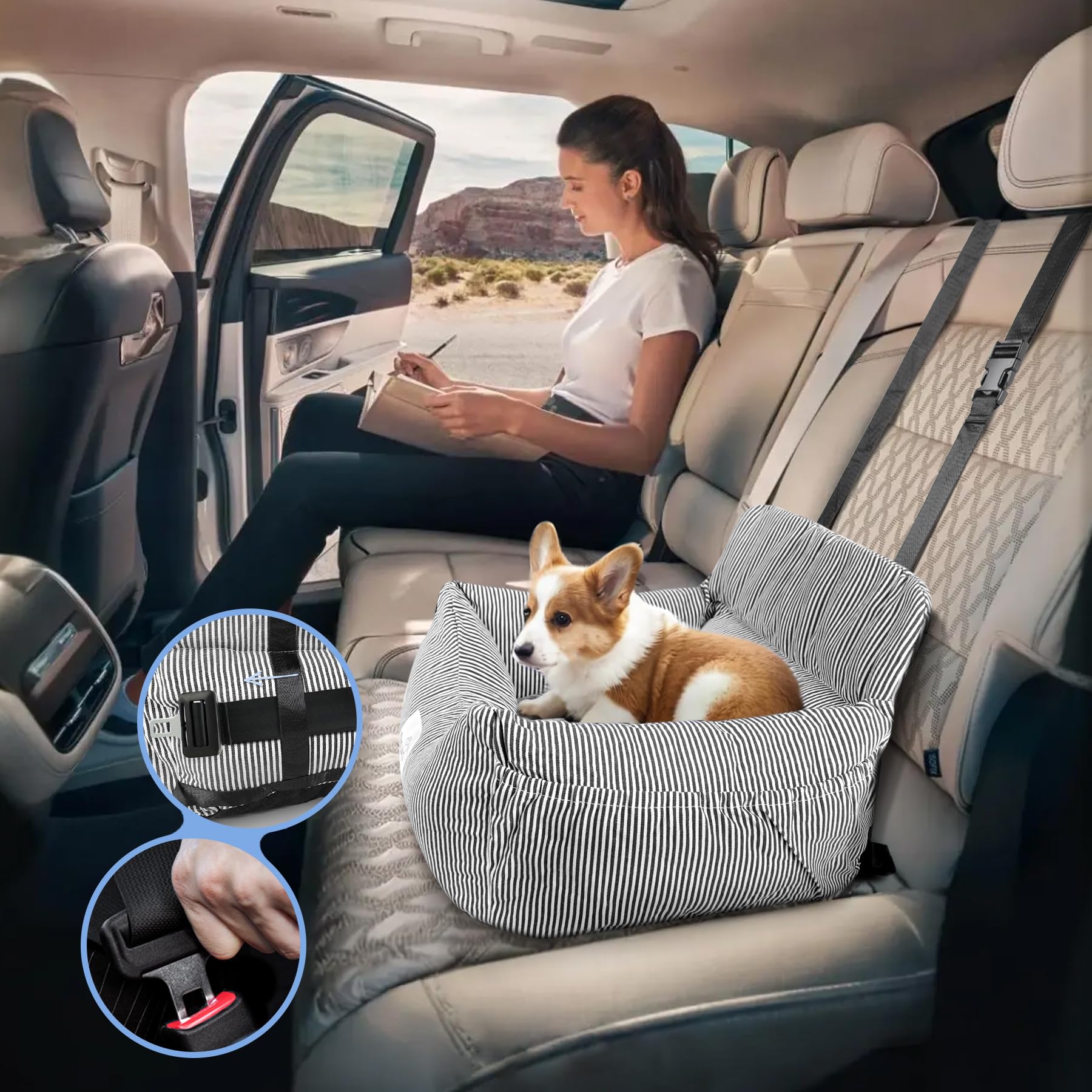 CALIYO Hundeautositz mit Stabiler Basis & Sicherheitsgurt | Hundesitz Auto für Kleine bis 10 kg | Memory Foam-Sitzauflage | Wasserdichter, Abwaschbarer Hundekorb mit Aufbewahrungstasche (Schwarz/Weiß)