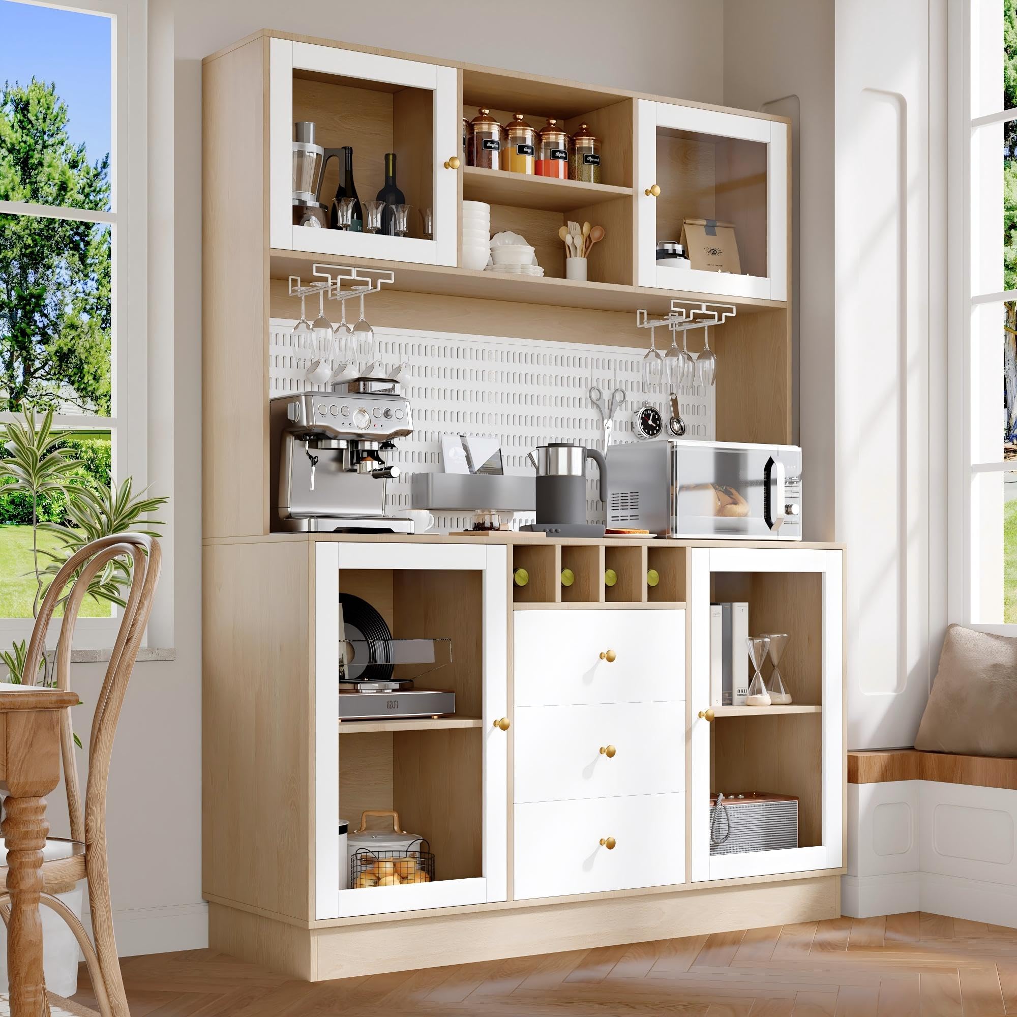 Alacena de Cocina Aparador Alto Moderno con LED y Placa Perforada, Armario Cocina con Botellero, Mueble Auxiliar Aparadores, 3 Cajones y 4 Puertas, Dispositivo Antivuelco, 140x40x185.7 cm,Blanco