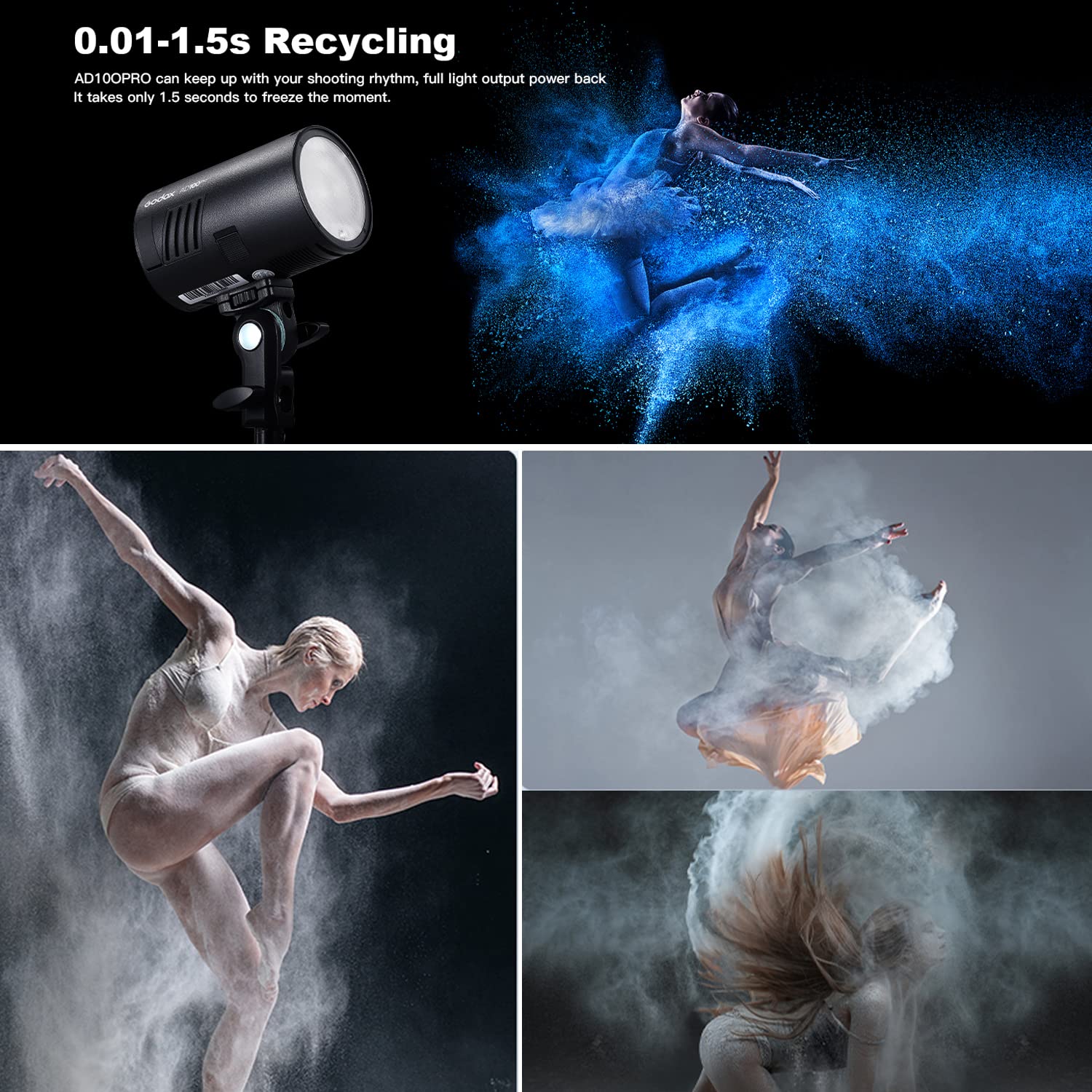 Godox AD100pro Strobe Flash Portable 2600mAh Battery 100Ws TTL/M/Multi Functions 2.4G Wilreless X System 5800K±200K 1/8000 HSS 0.01-1.5s Recycling 360 Full Power Outdoor Strobe Flash