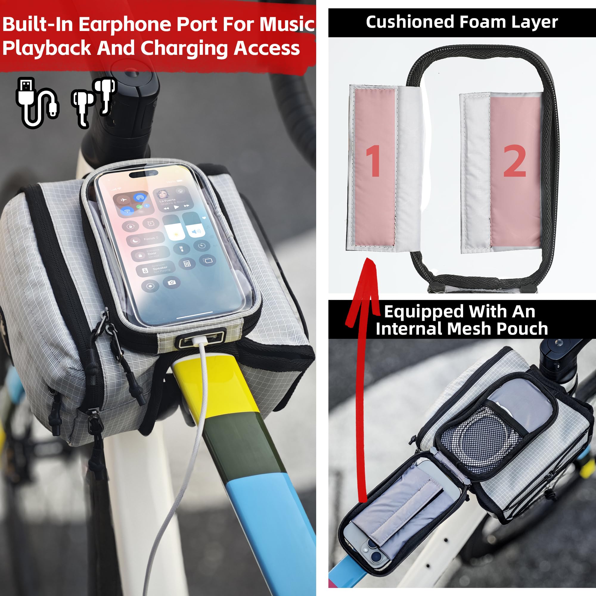 Rhinowalk Fahrrad Rahmentasche mit Handyhalter – wasserdichte Oberrohrtasche mit Regenschutz, Doppelseitige Aufbewahrung mit Reißverschluss & Magnetverschluss, Touchscreen Handyhülle (Schwarz)