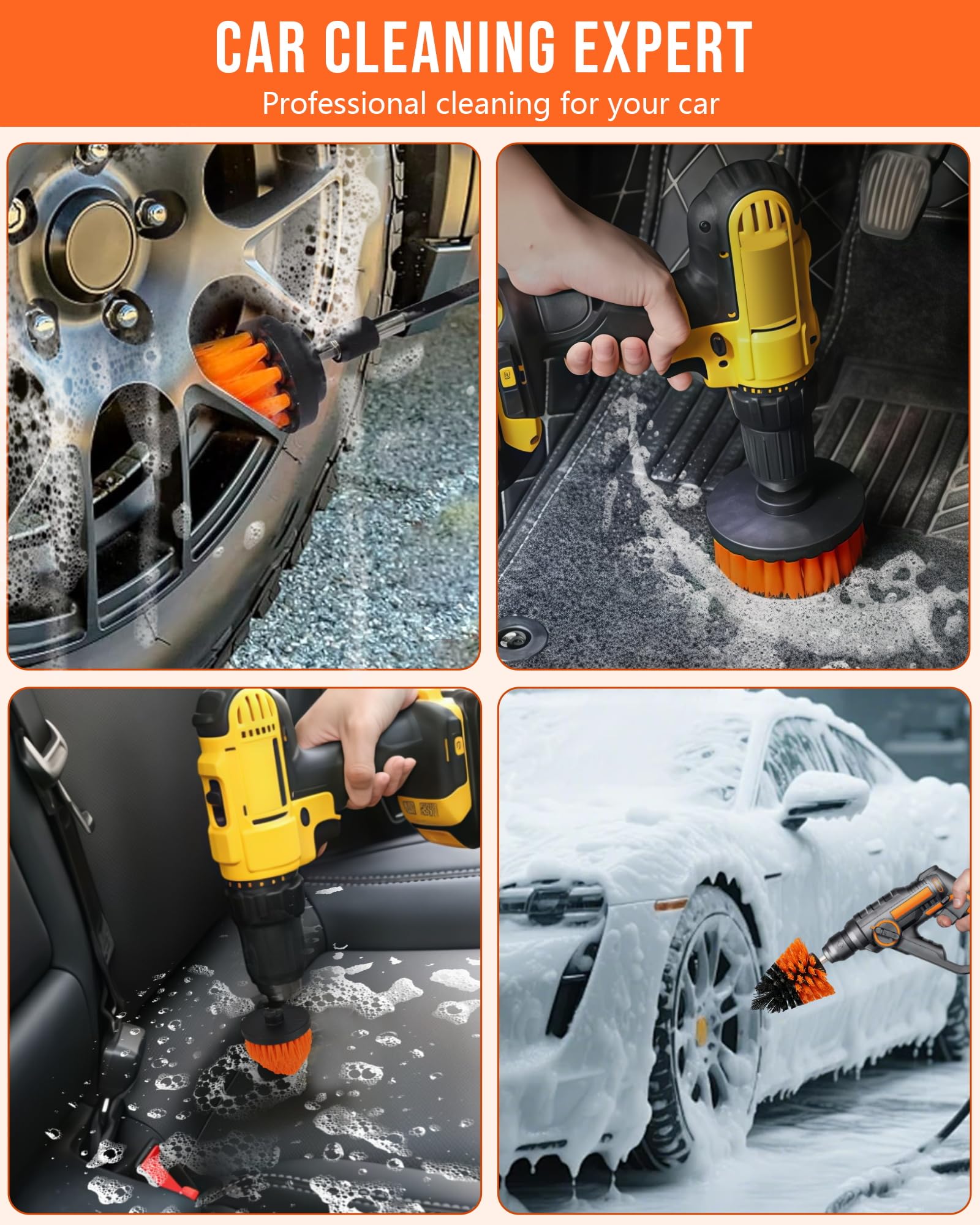 Set 7 Spazzole per Trapano – Spazzola per Trapano per Pulire per Pulizia Sedili Auto, Polster e Superfici – Spazzole per Trapano per Pulizia Auto, Bagno, Cucina (Nero)