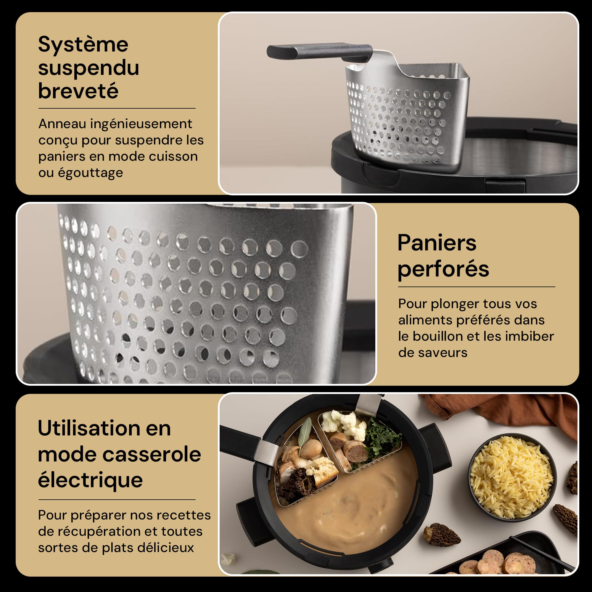 Fondussimo Appareil à Fondue Électrique Evolution 3-en-1 – Service à Fondue avec Caquelon INOX 3 L + Bol Céramique Bain-Marie – 6 Paniers & 6 Pinces – Température Réglable – 4 à 6 Personnes