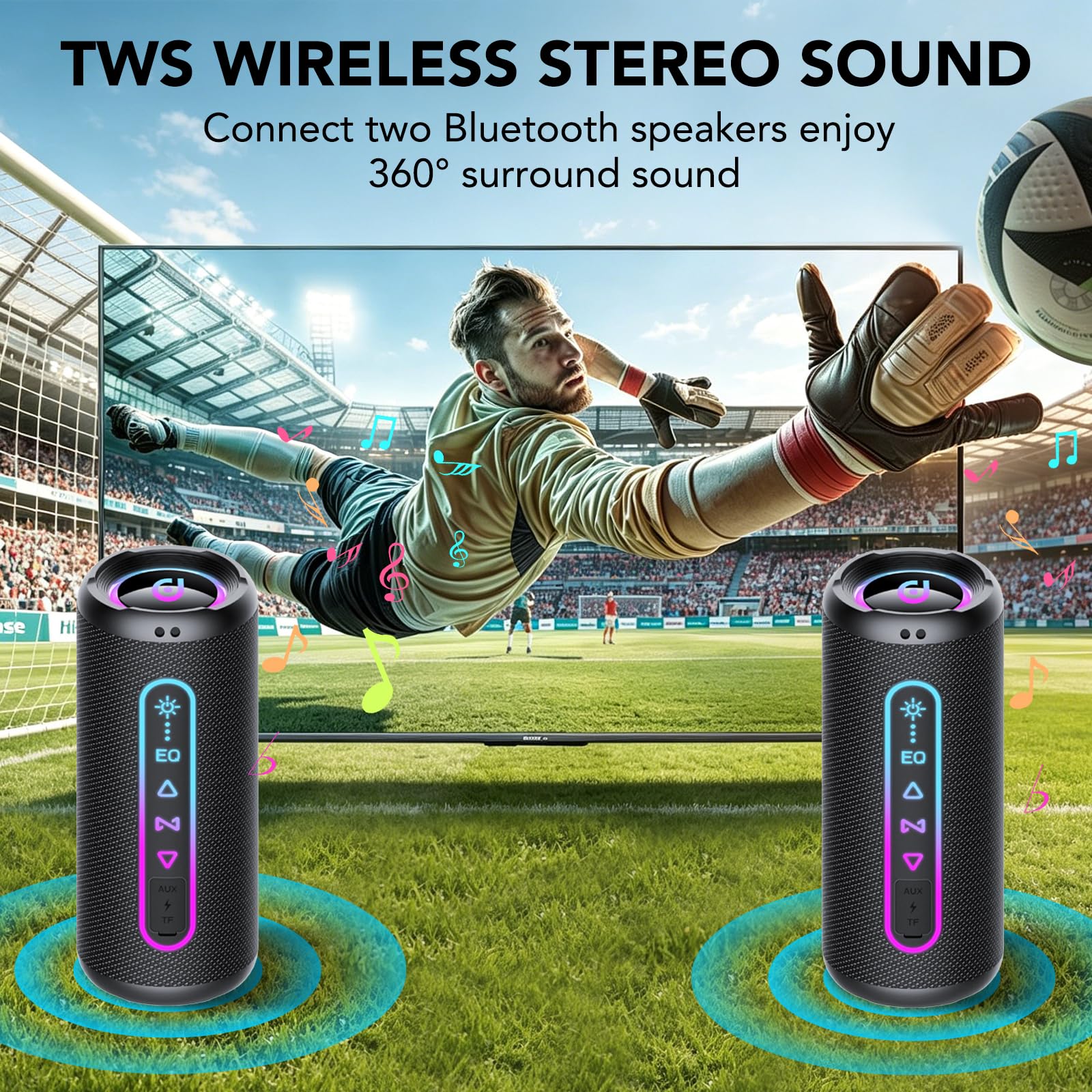 Altavoz Bluetooth Potente 25W, Altavoz Bluetooth con Graves Duales, 24H Reproducción, 5 Modos RGB, Emparejamiento TWS, Impermeable IPX7, Soporte AUX/TF, Altavoz Portátil para Fiestas y Viajes