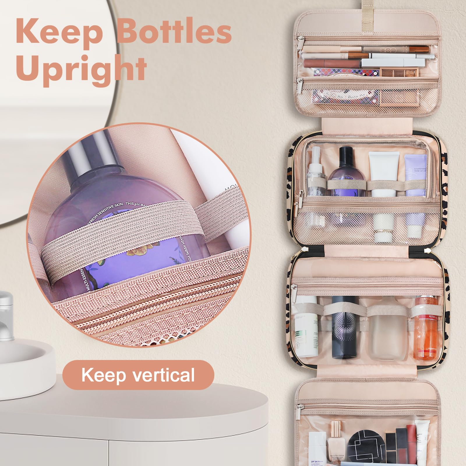 Wedama Toiletry Bag for Women, Large Cosmetic Travel Bag, Hanging Toiletry Bag for Bathroom, Thickened PVC Waterproof Makeup Bag, Toiletries Bag for Travel Trips and Camping, Leopard Print