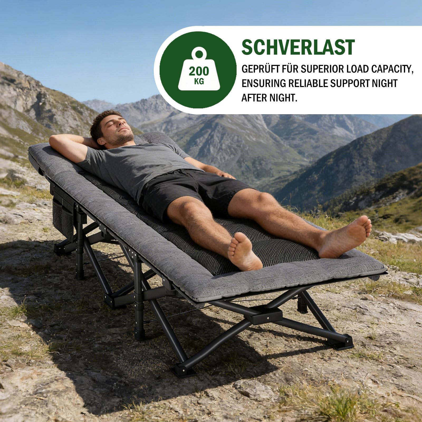 Campingbett feldbett klappbar, verstellbarem Kopfteil & mit bequemer Polsterung– tragbares Campingbett bis 200 kg Belastbarkeit, inklusive Tragetasche