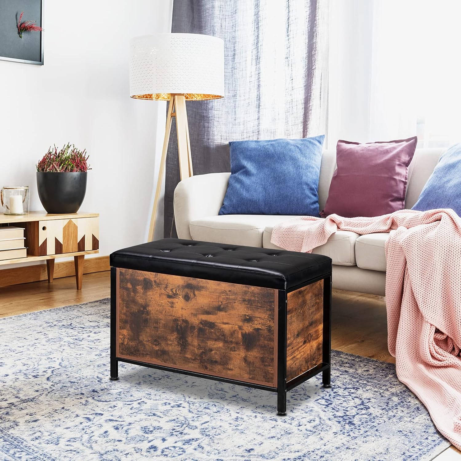 VINGLI Storage Bench,Industrial Storage Chest,Upholstered Bed End Stool,Flip Top Storage Ottoman with Padded Seat for Living Room,Bedroom,Toddler Room,Entryway,31.5" L x 15.7" W x 19.7" H : Home & Kitchen