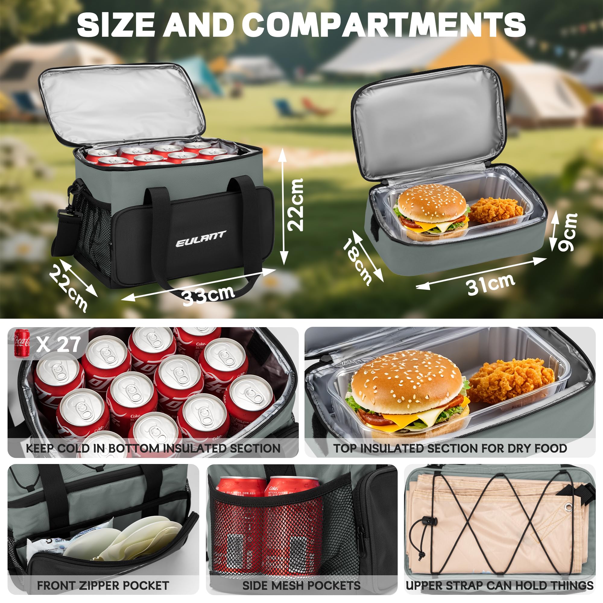 EULANT Grande borsa termica impermeabile per il pranzo, 27 lattine, pieghevole, isolata, a prova di perdite, per uomini e donne, per lavoro all'aperto, spiaggia, viaggi