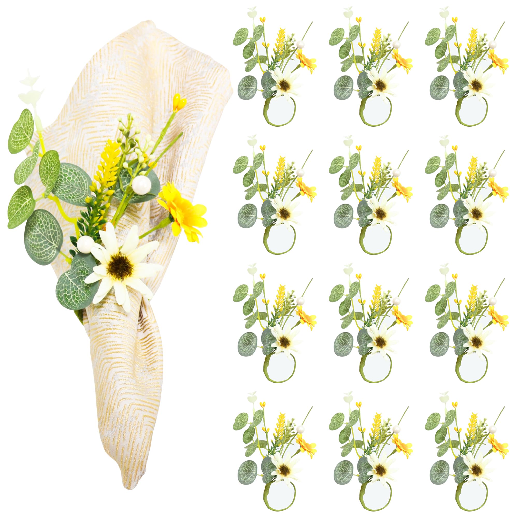 Reignsword Multicolor 12 Pack Daisy Rustic Napkin Rings, Eucalyptus Leaves Flower Napkin Ring Holder With Pearl, Farmhouse Table Decor For Christmas Thanksgiving Wedding