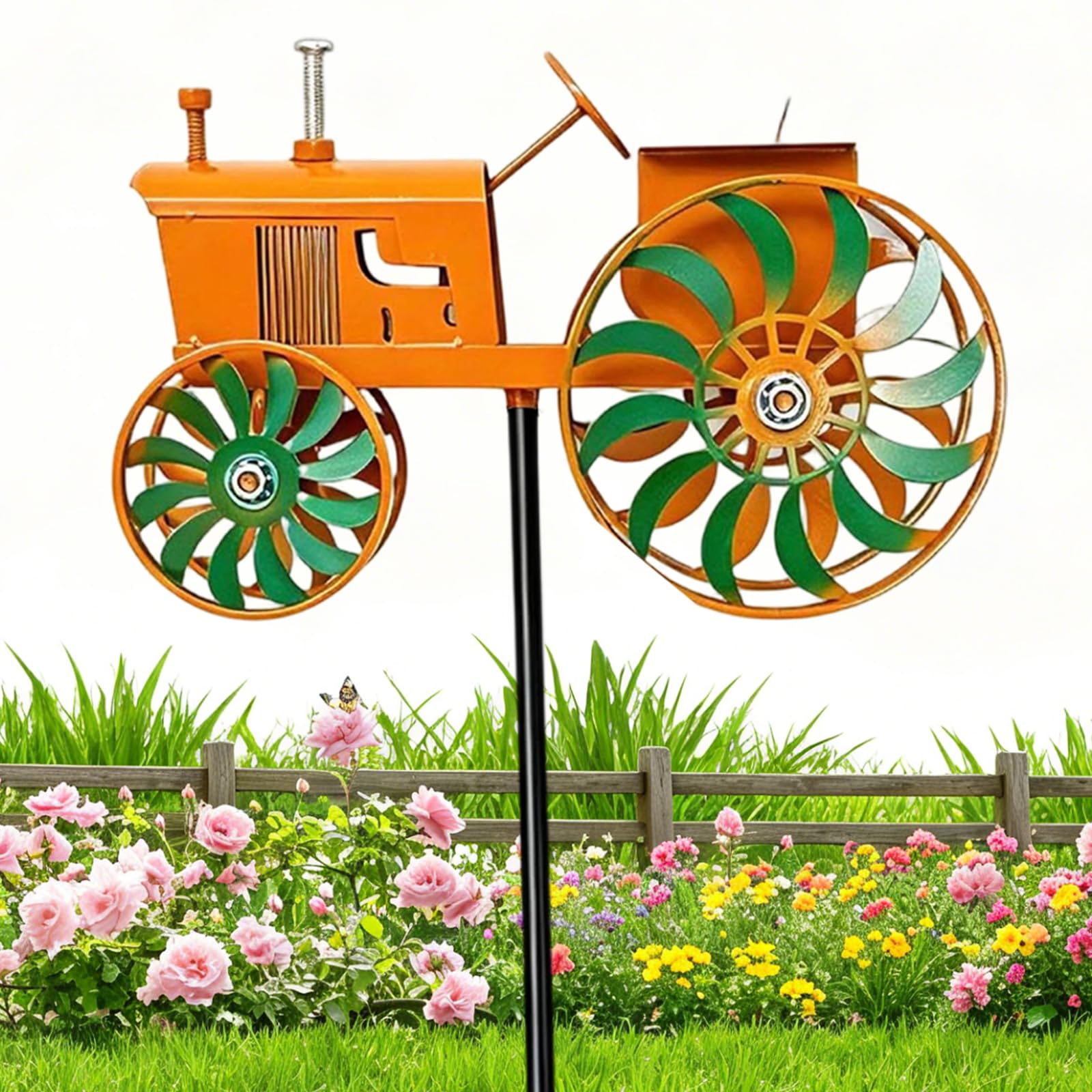 HTU Vintage Tractor Wind Spinner, Tractor Unique Outdoor Sculptures, Noiseless Ground Windmills Sun-resistant Windmill Decorative Stake for Patio Yard Garden for Outdoor-Orange