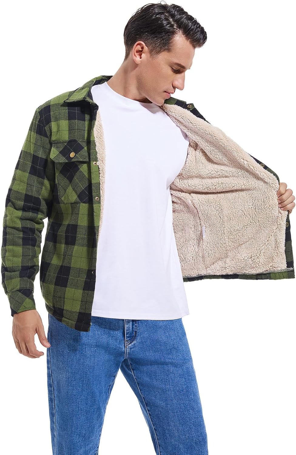 Men's Sherpa Lined Cotton Flannel Shirt Jacket Plaid Button Up Jacket Coat for Men with Pocket - Image 3