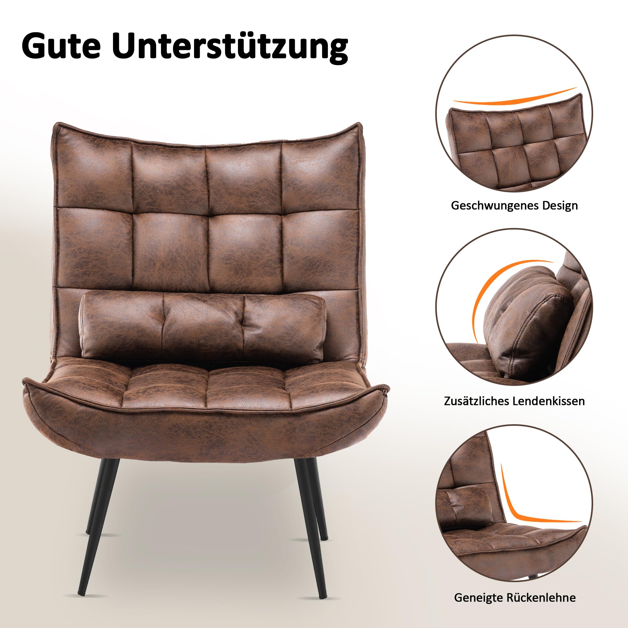 MCombo moderner Sessel Relaxsessel für Wohnzimmer, mit Taillenkissen, Retro Vintage Lesesessel Loungesessel Stuhl Polstersessel, 4779-1 (Braun-Mikrofaser)
