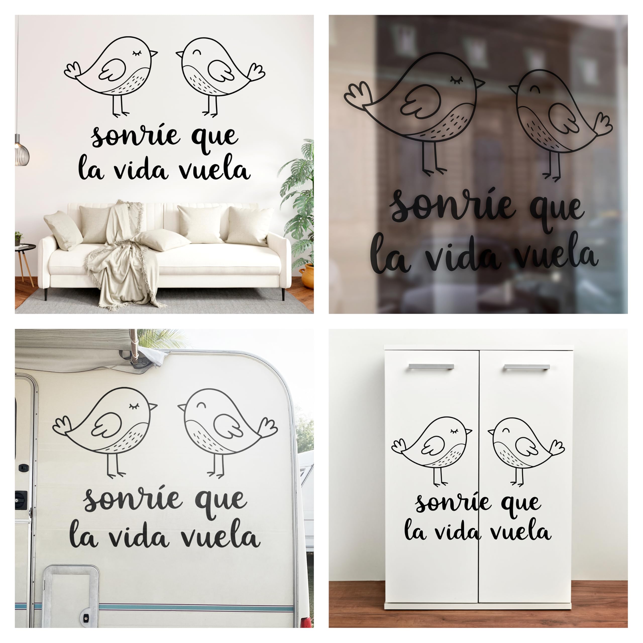 Vinilo Decorativo de Pared con Frase Positiva "Sonríe que la Vida Vuela" | Adhesivo con Pájaros para Dormitorio Infantil, Guardería o Habitación | Pegatina con Mensaje Alegre (Negro, 40 x 28 cm)
