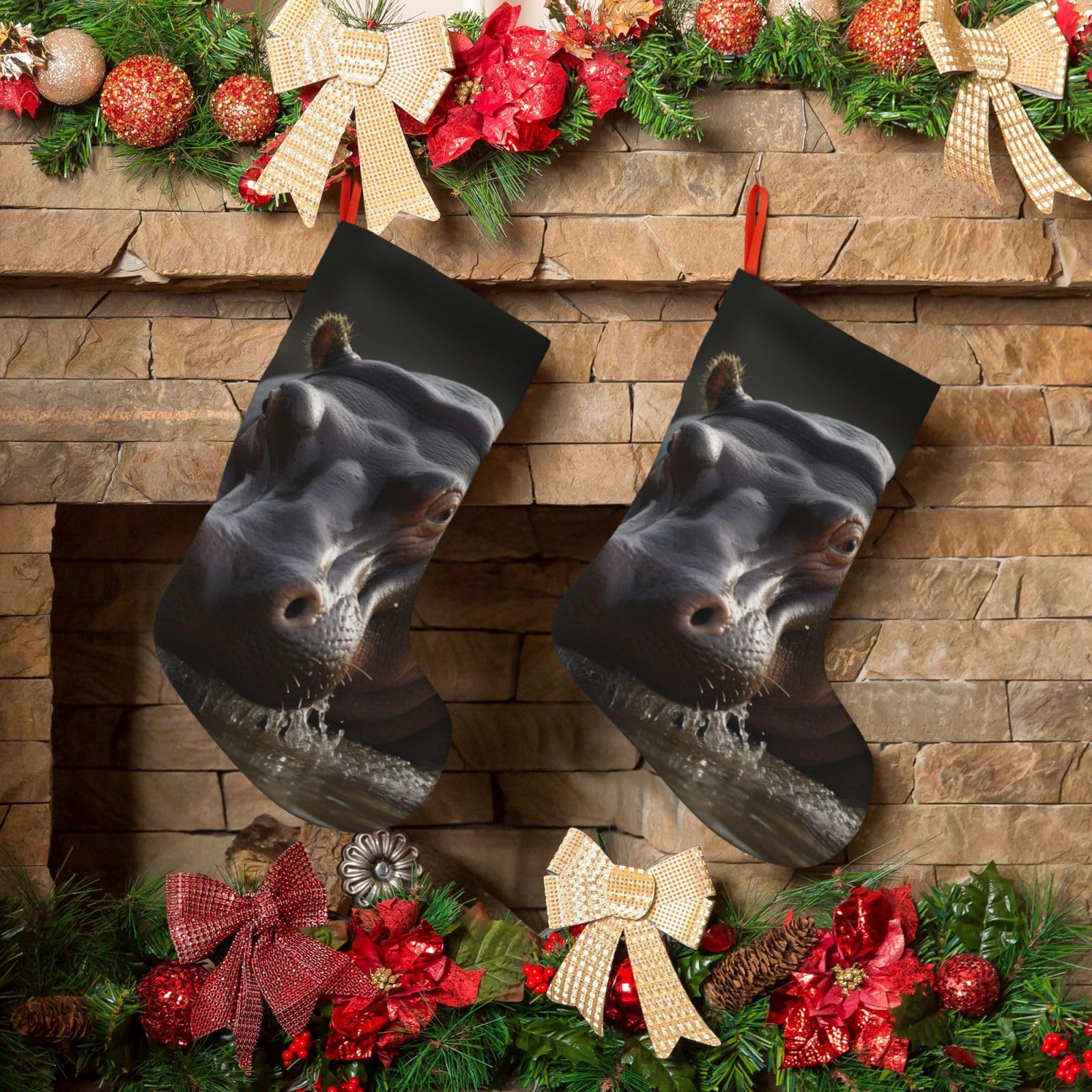 Fodpand Boys Black Hippo Christmas Stockings Hanging Ornaments For Holiday Decor, 18 Inches Velvet Fireplace Hanging Xmas Stocking, Candy Gift Bags For Christmas Decorations