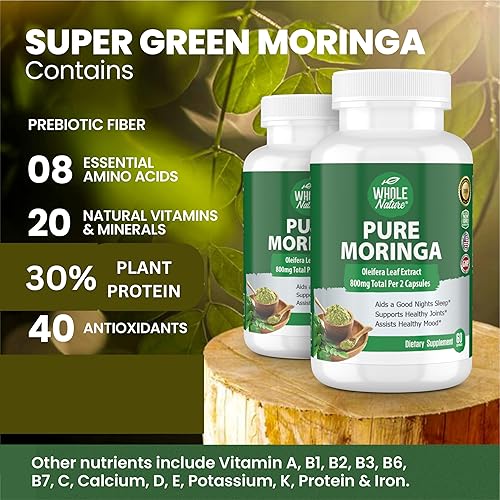 Miniatura 6 de Cápsulas de Moringa, 800 mg de hojas orgánicas de Moringa Oleifera en polvo Superalimento Verdes Pure Moringa Pills es un suplemento vegano, sin OMG