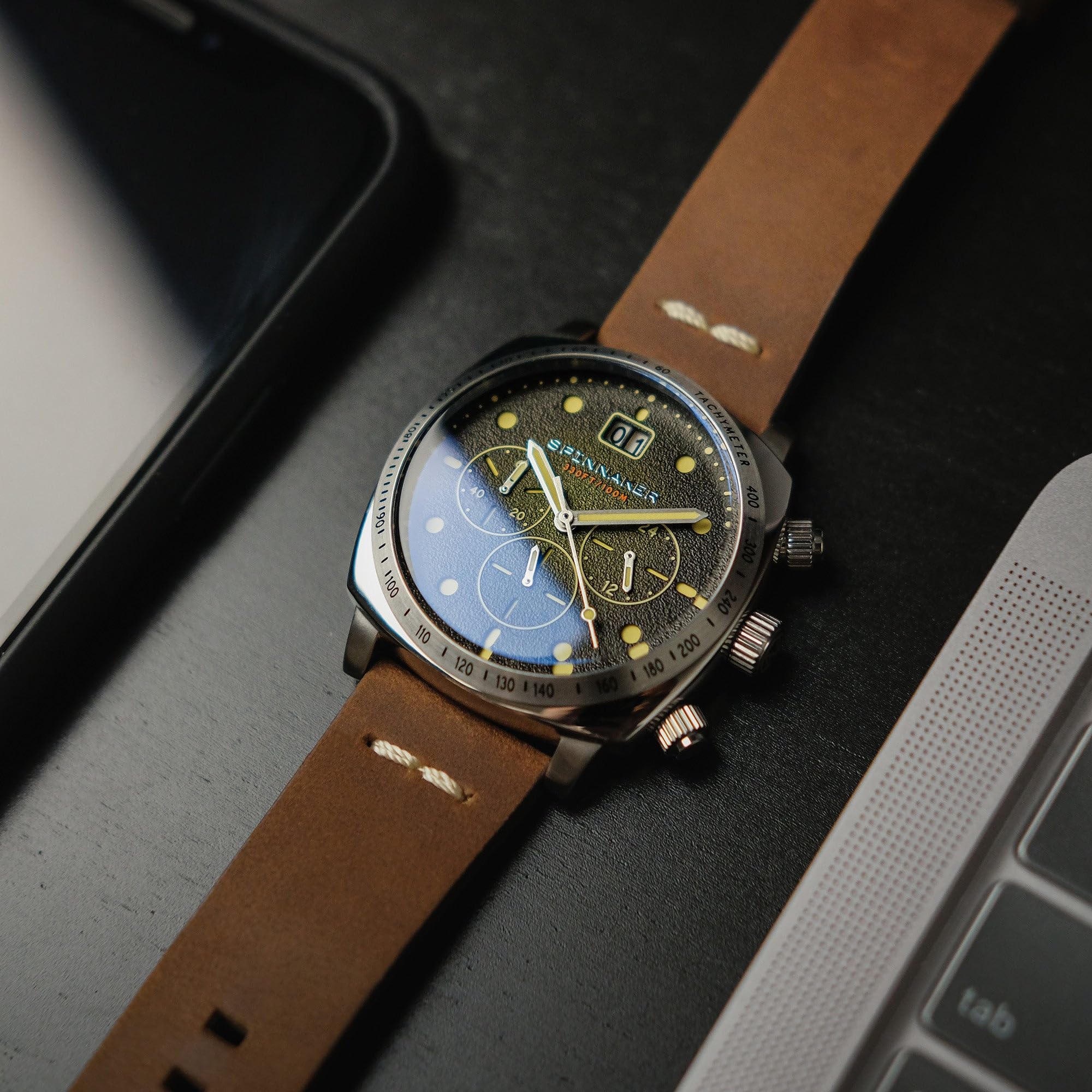 Spinnaker para Hombre 42 mm Hull Cronógrafo Meca-Cuarzo Reloj con Correa de Cuero Genuino SP-5068